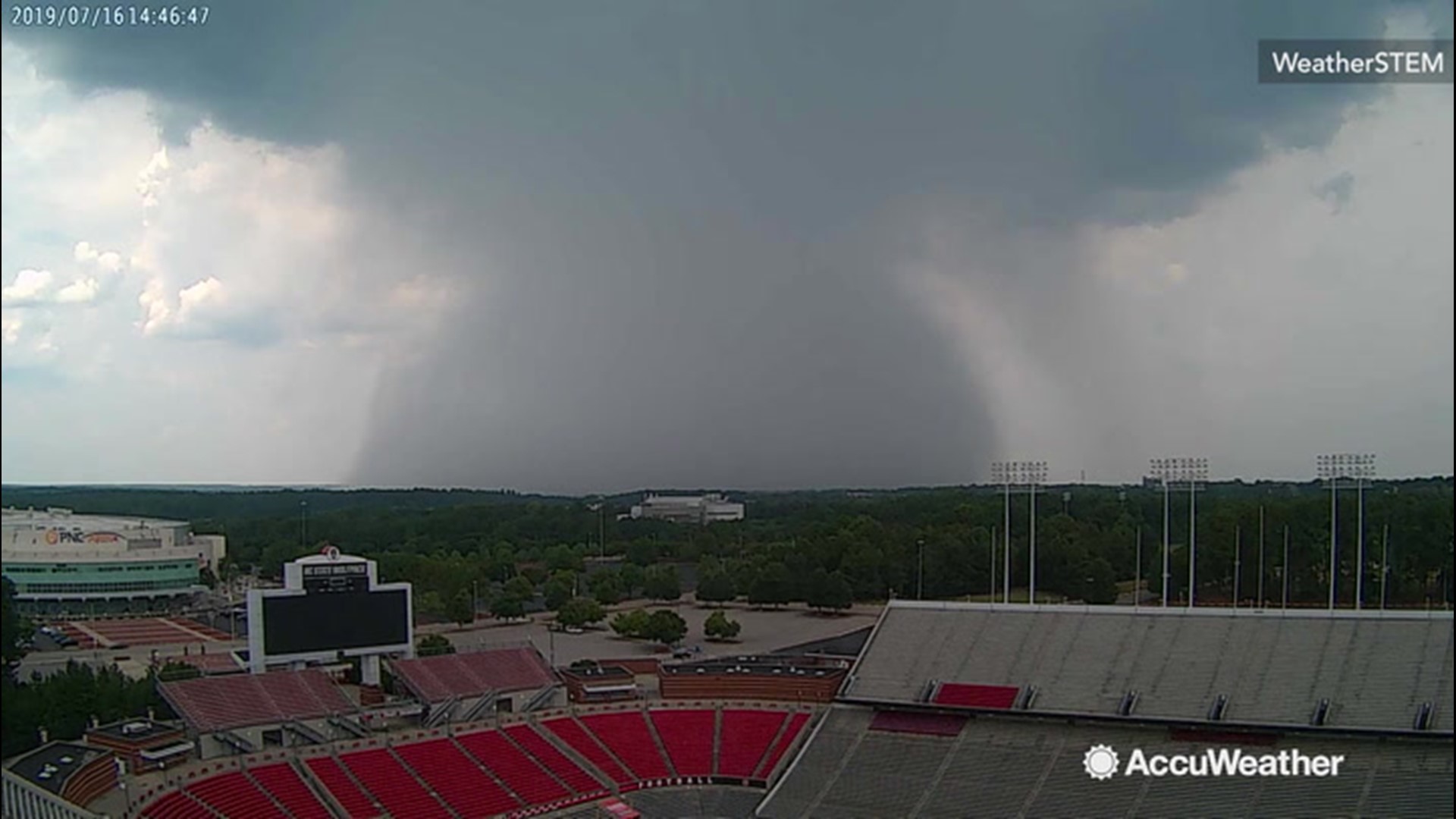 A 'wet microburst' from a severe thunderstorm descended on Raleigh, North Carolina, on July 17.