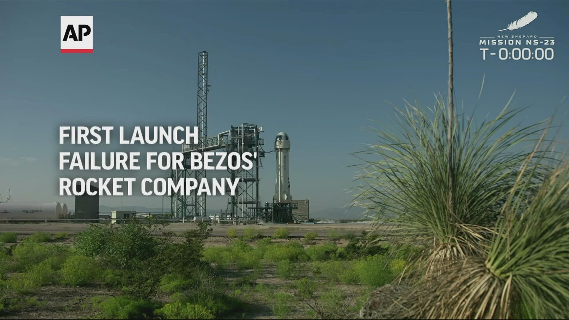 Barely a minute into the flight, the Blue Origin capsule's emergency launch abort system kicked in, lifting the spacecraft off the top.
