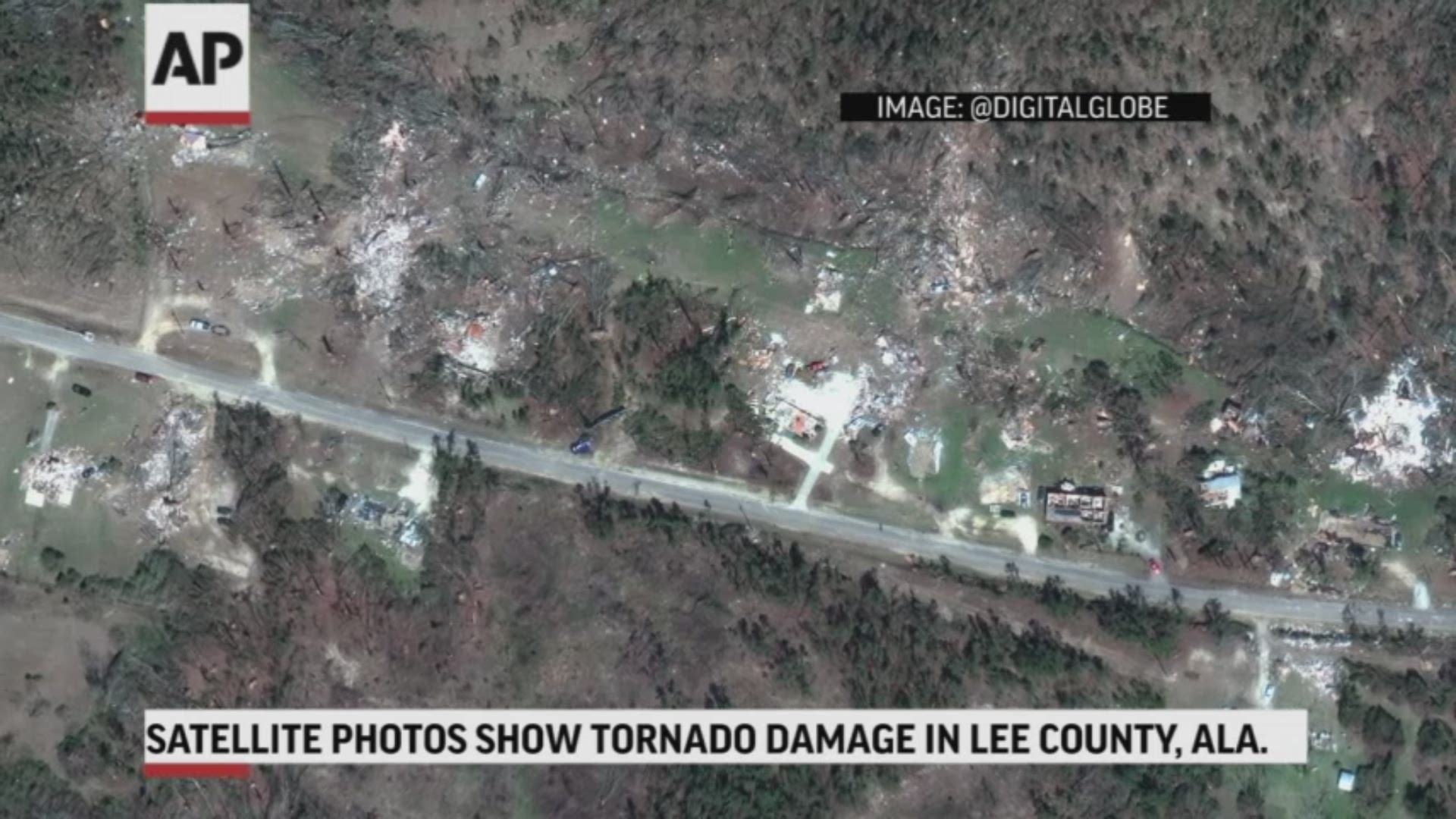 Satellite photos from DigitalGlobe show the destruction from the tornado that hit Lee County, Alabama on Sunday. (AP)