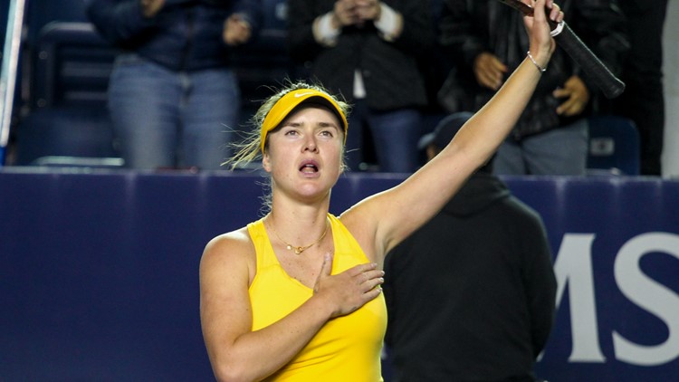 Ukrainian player pounds chest after defeating Russian at WTA tennis event