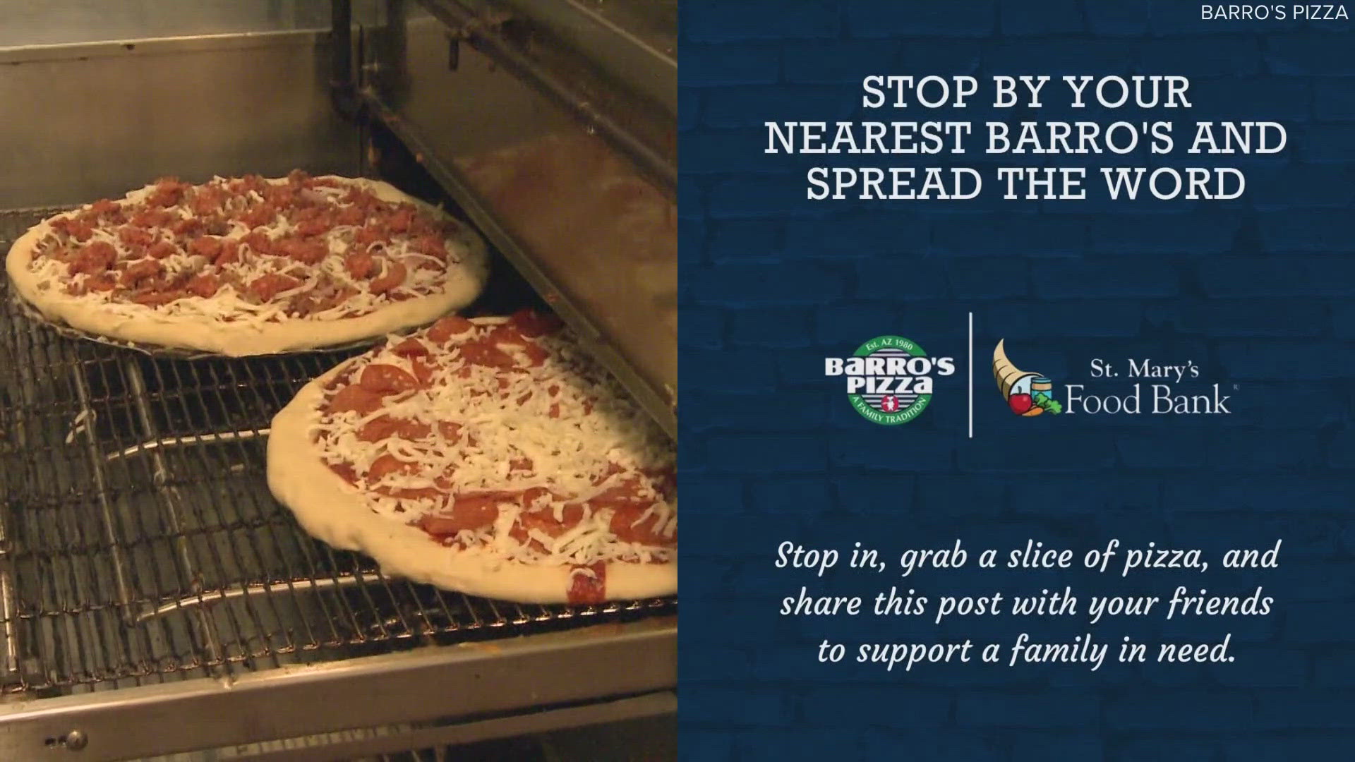In a meaningful partnership between Barro’s Pizza and the St. Mary's Food Bank, 100% of your Barro's order on Dec. 9 will help Arizonans facing food insecurity.