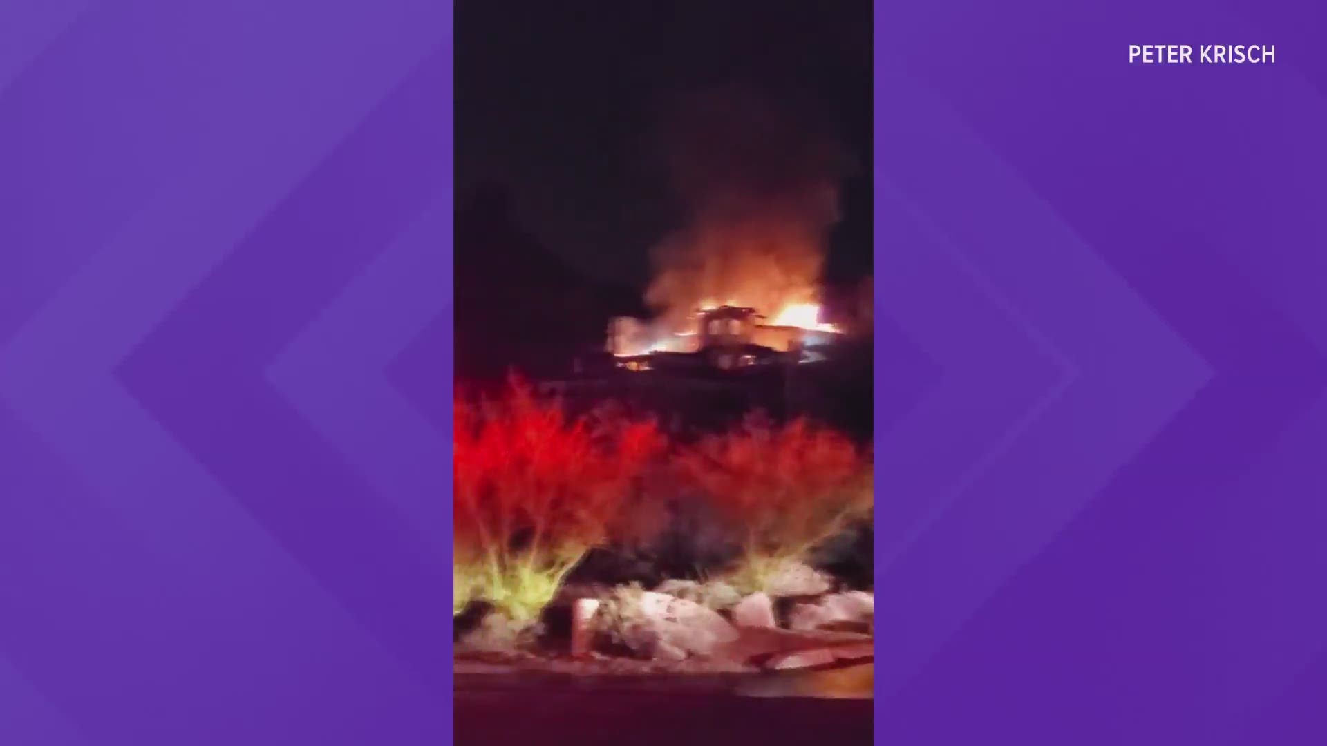 Peter Krisch captured video of a fire consuming the "Wedding Cake" house in Carefree, Arizona on Feb. 2. Officials said no one was home at the time of the fire.