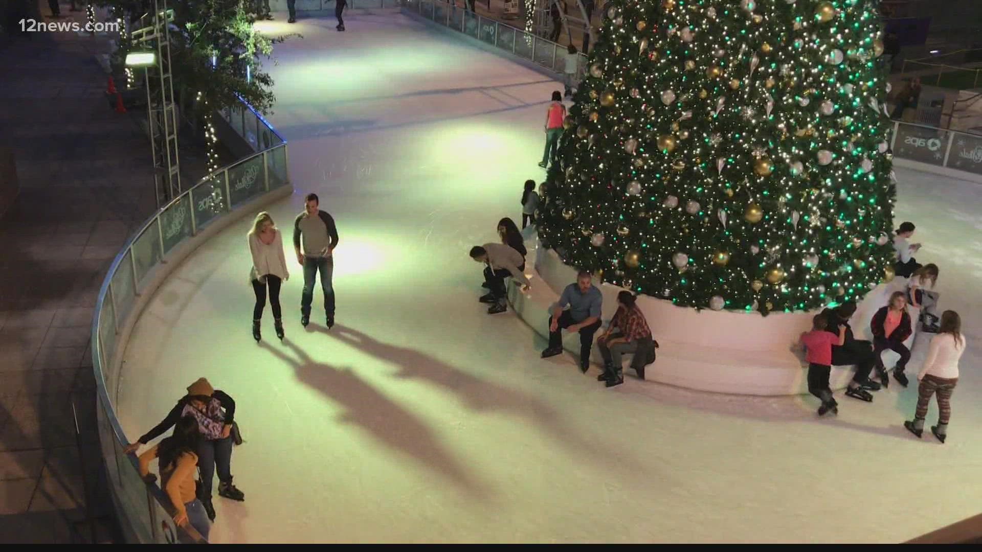 The desert's famous ice rink is $18 per skier and will be open throughout the holiday season.