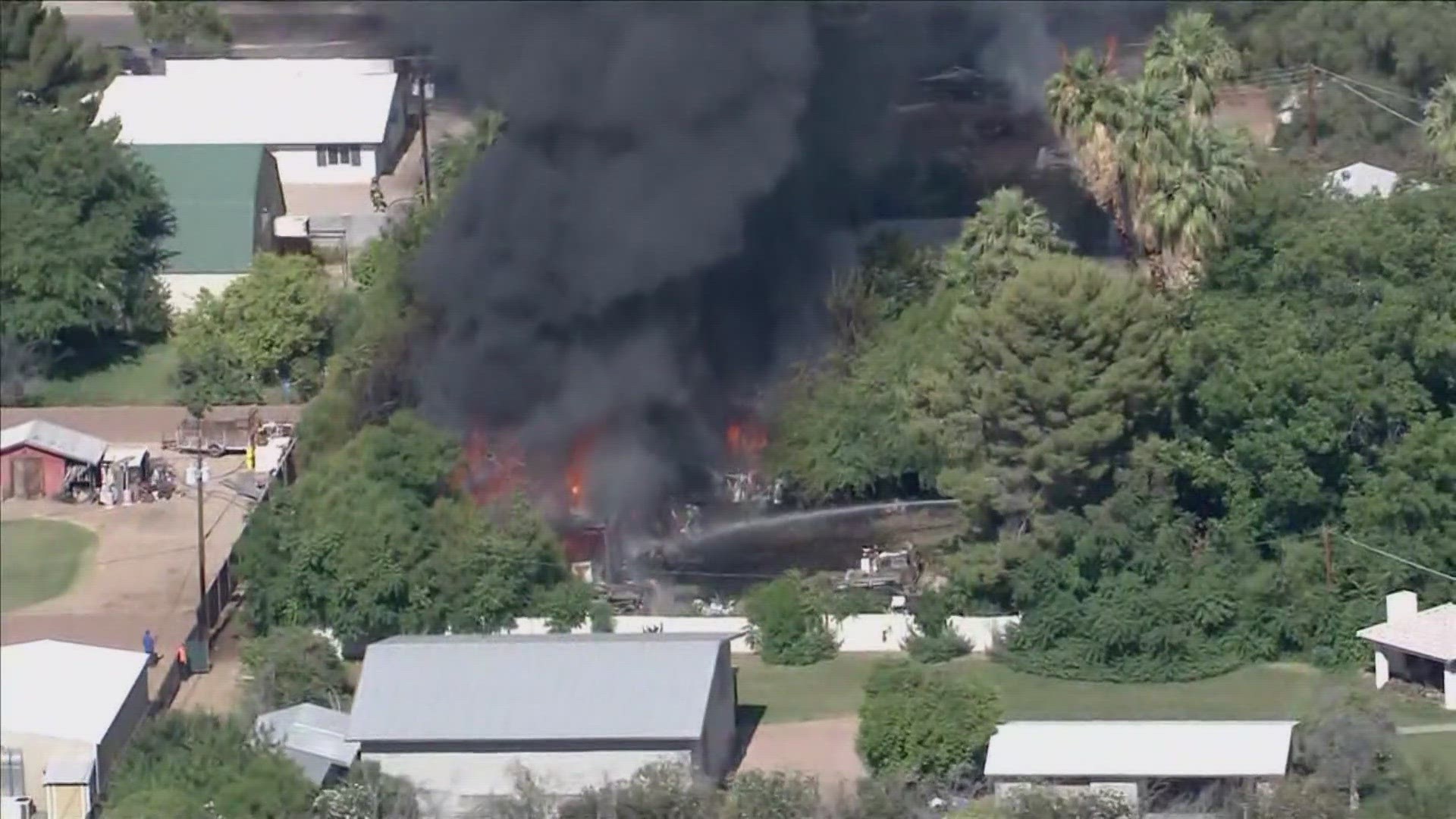 The Phoenix Fire Department said the fire started as a backyard palm tree fire that quickly spread into dense vegetation and surrounding homes.