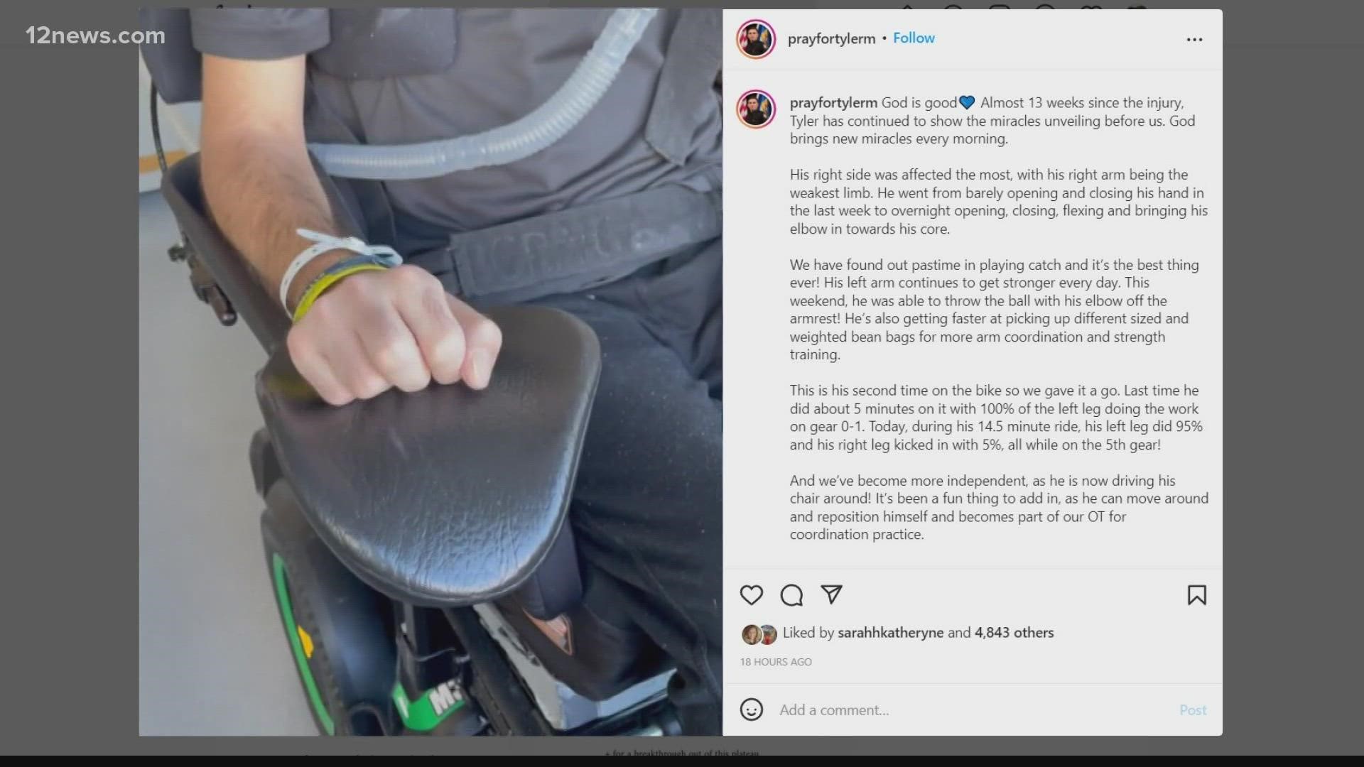 Phoenix Police Officer Tyler Moldovan was shot eight times in December in the line of duty. His wife posted a video of him closing and flexing his right arm.