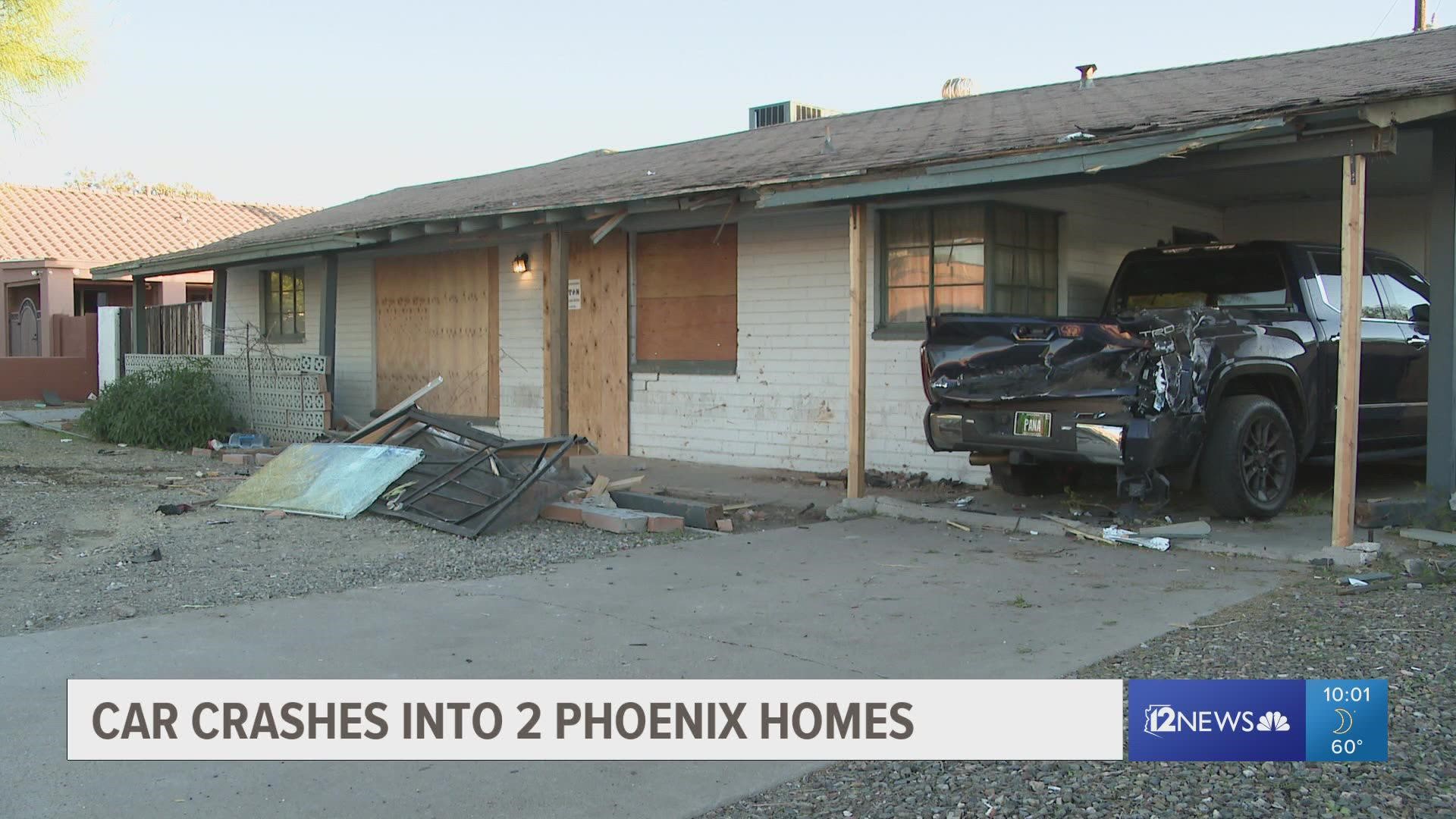 Early Thursday morning a driver crashed into two homes and caused severe damage before taking off on foot.