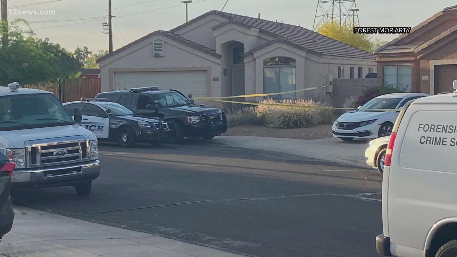 Mesa police were called to a house Wednesday night for a report of a woman with an eye injury. They found the woman but also found a child, a man and two dogs dead.