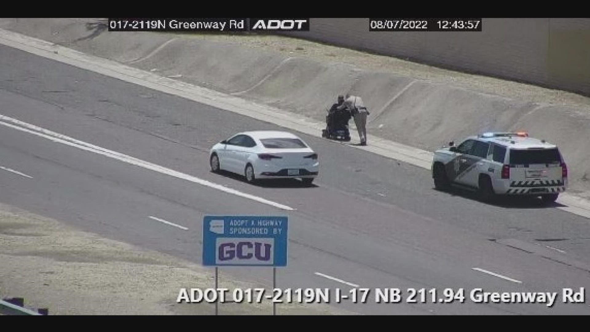 An Arizona DPS trooper was seen assisting a man in a scooter get off the highway on I-17 in north Phoenix. He reportedly helped push the scooter to the man's home.