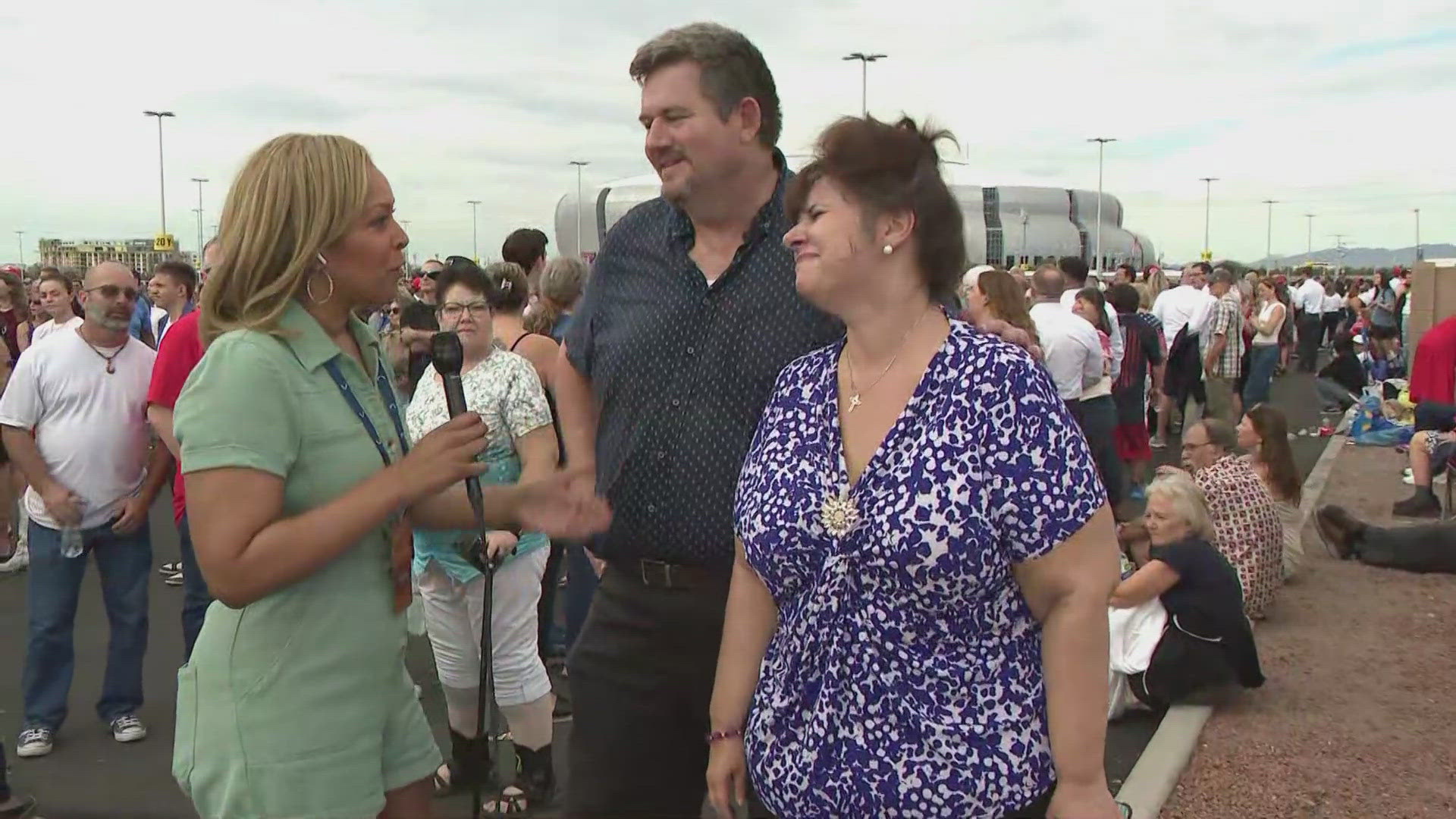 An Arizona couple decided to leave the line after an extended wait outside State Farm Stadium before the Charlie Kirk memorial service.