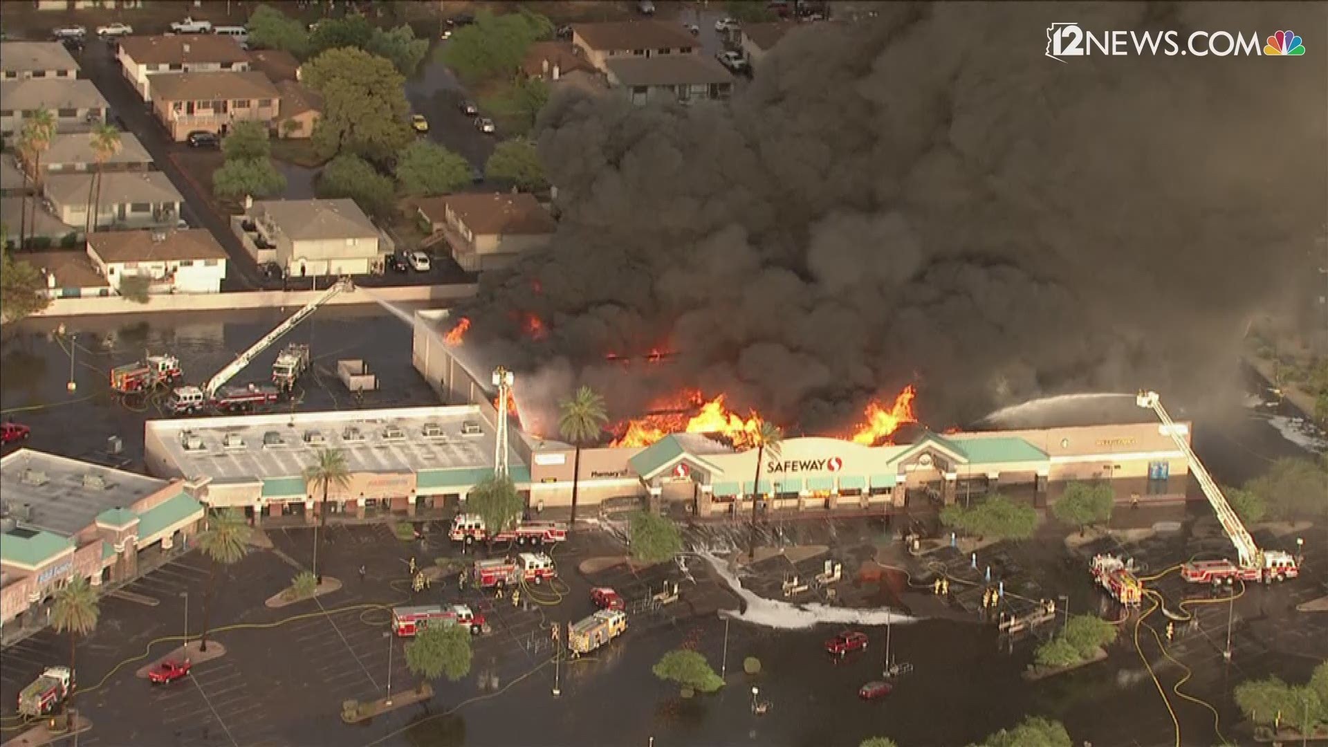 Sky 12 is on the scene of a fire that has engulfed a north Phoenix Safeway. No injuries are reported.