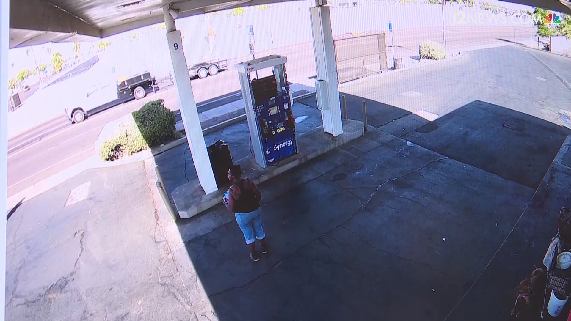 No one was injured after a car slammed into a bus stop in Phoenix on Friday, police said. This surveillance video is courtesy of the owner of the Exxon gas station at 32nd and Van Buren streets.