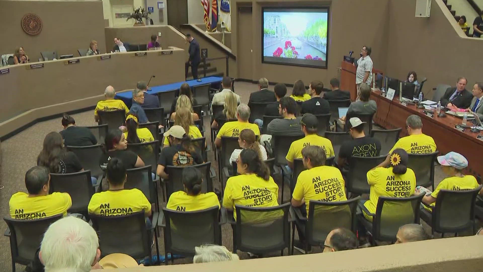 A Scottsdale City Counsel meeting was held on Tuesday to decide whether or not to sue Arizona for making way for Axon's new headquarters in Scottsdale.