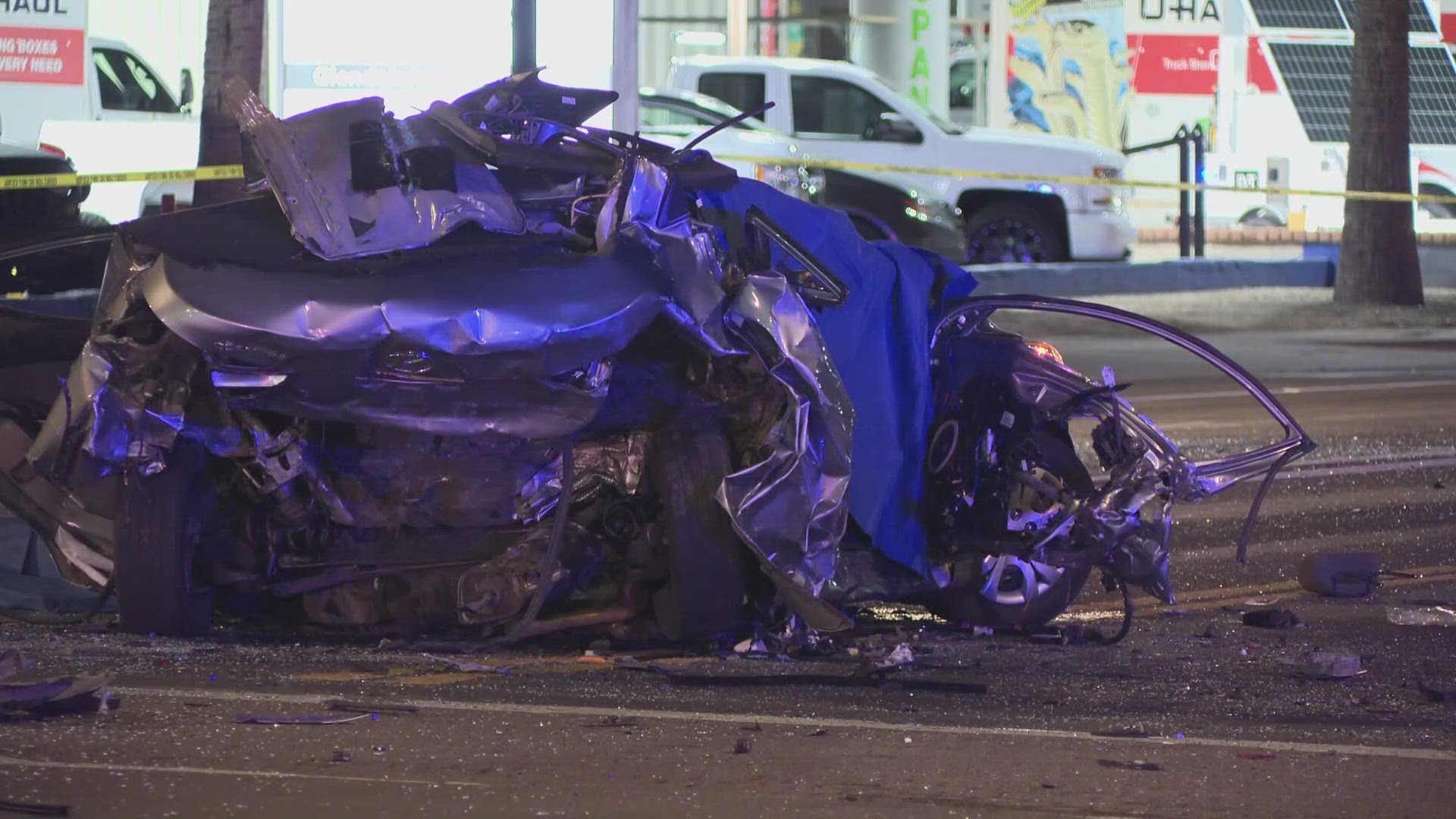 The driver of a car hit the bus first, then spun and hit a truck, police say.