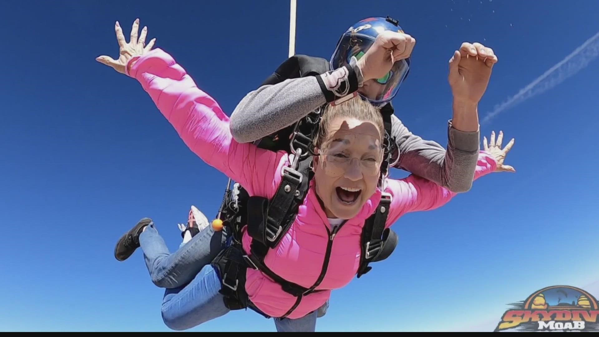 60-year-old Theresa Candelaria knew she had a lot to live for when she was diagnosed with cancer. Now that she is cancer-free, she celebrated by skydiving in Utah.