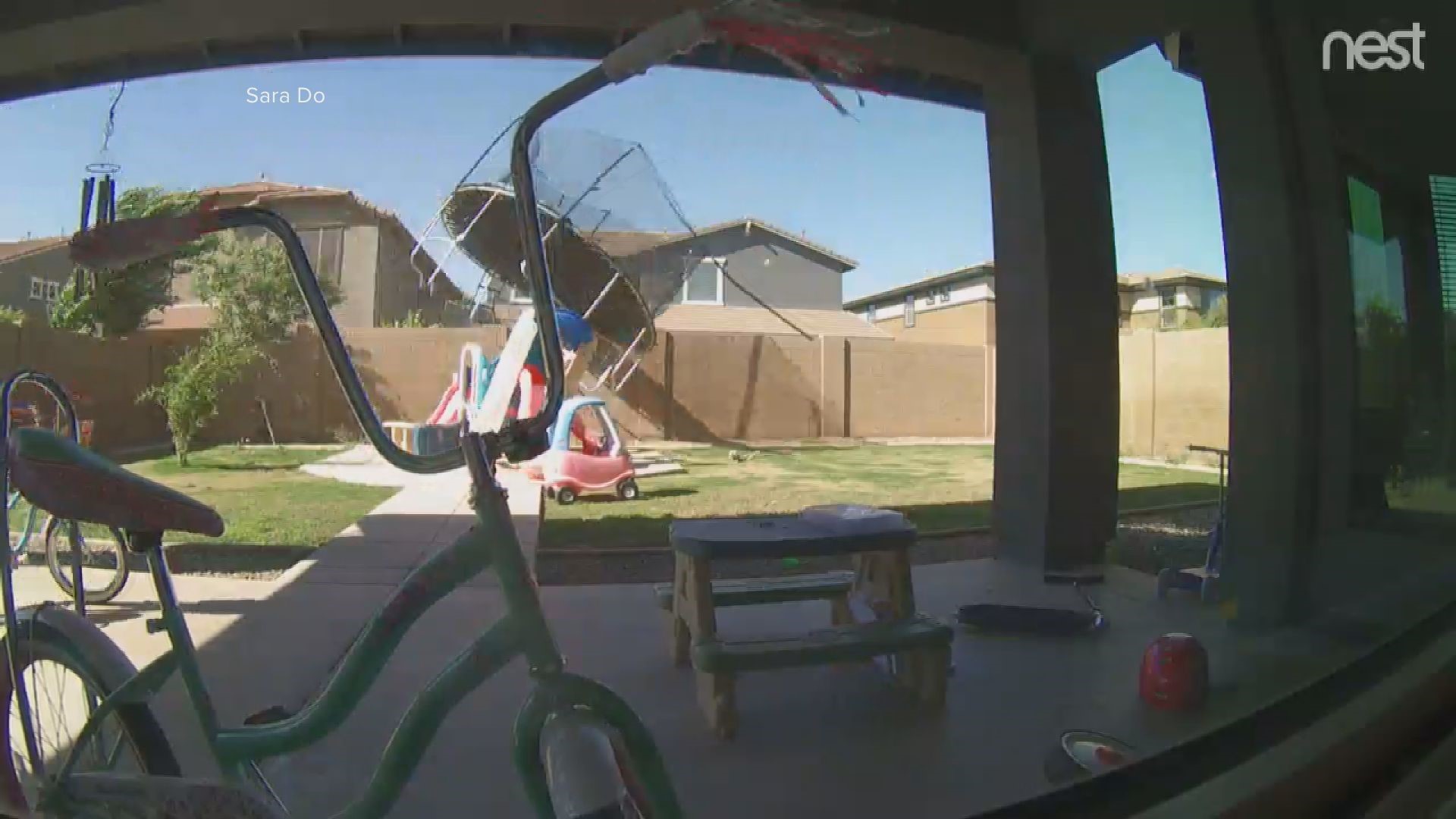 High winds in Gilbert, AZ Wednesday caused a trampoline to take flight. The flying trampoline hit Sara Do's kid's play structure and two parts of a wall, breaking both, before ending up in a neighbor's pool. Check out the moment the trampoline takes flight!