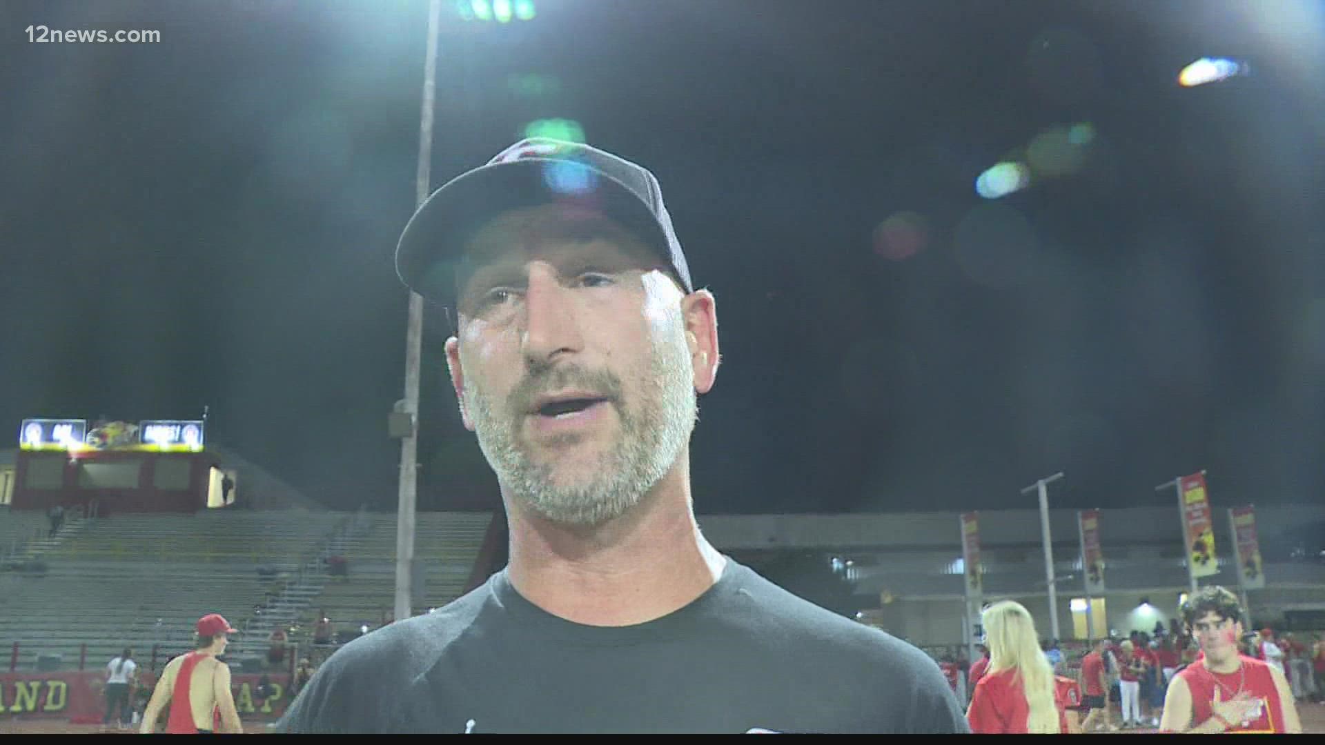 Chaparral's head coach, Brent Barnes, speaks after a 27-26 victory over Saguaro.