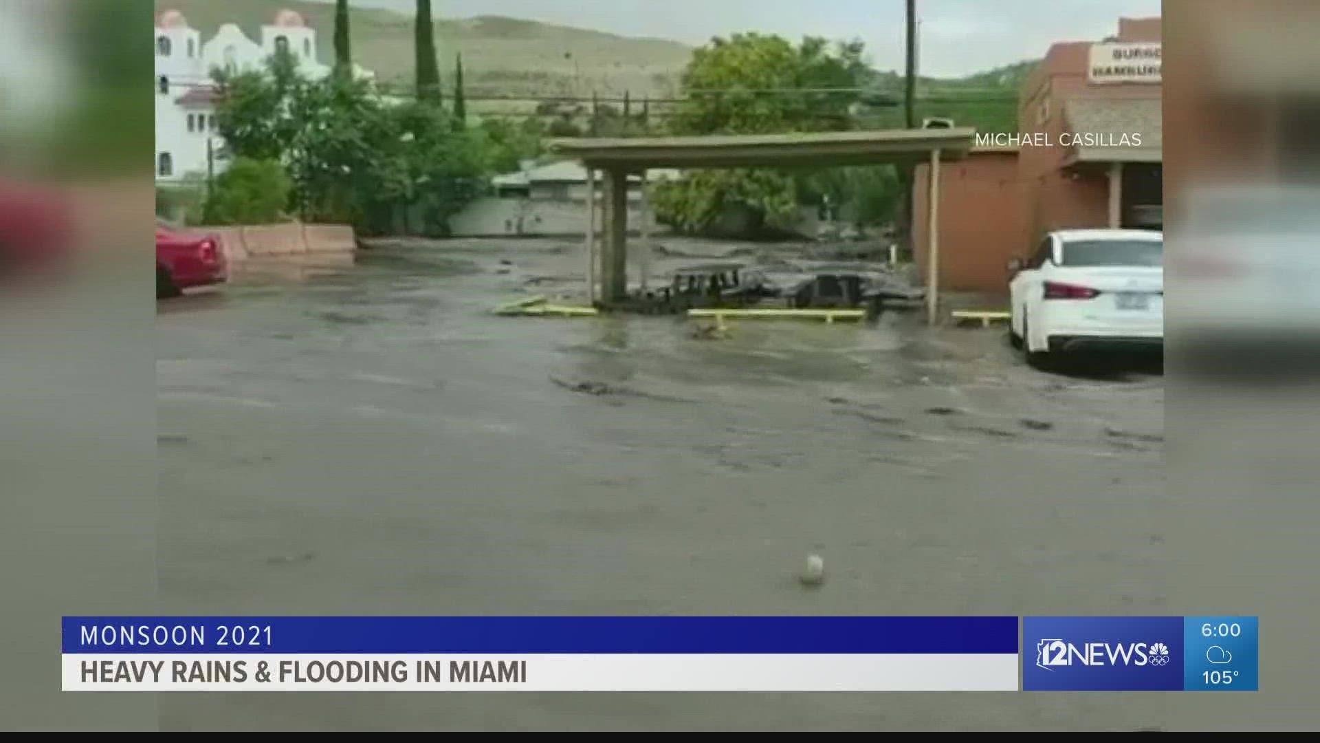 Heavy monsoon rain brought dangerous flash flooding in Miami, Arizona on Thursday. Miami is close to areas impacted by the Telegraph and Mescal Fires.