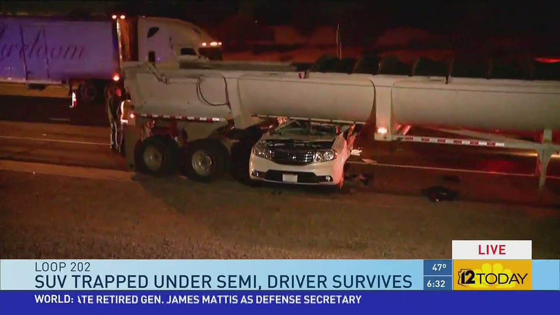 Car wedged under semi, driver survives | 12news.com