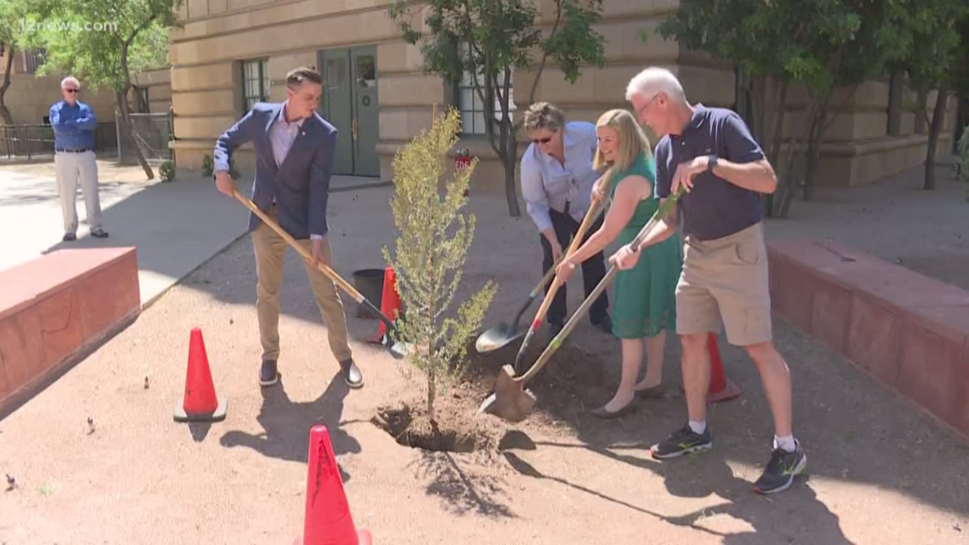 Mayor Kate Gallego planted a tree for Earth Day in downtown Phoenix Monday. Planting a tree can alleviate the heat island effect that is common in Phoenix, it creates shade and provides cleaner air for the city.