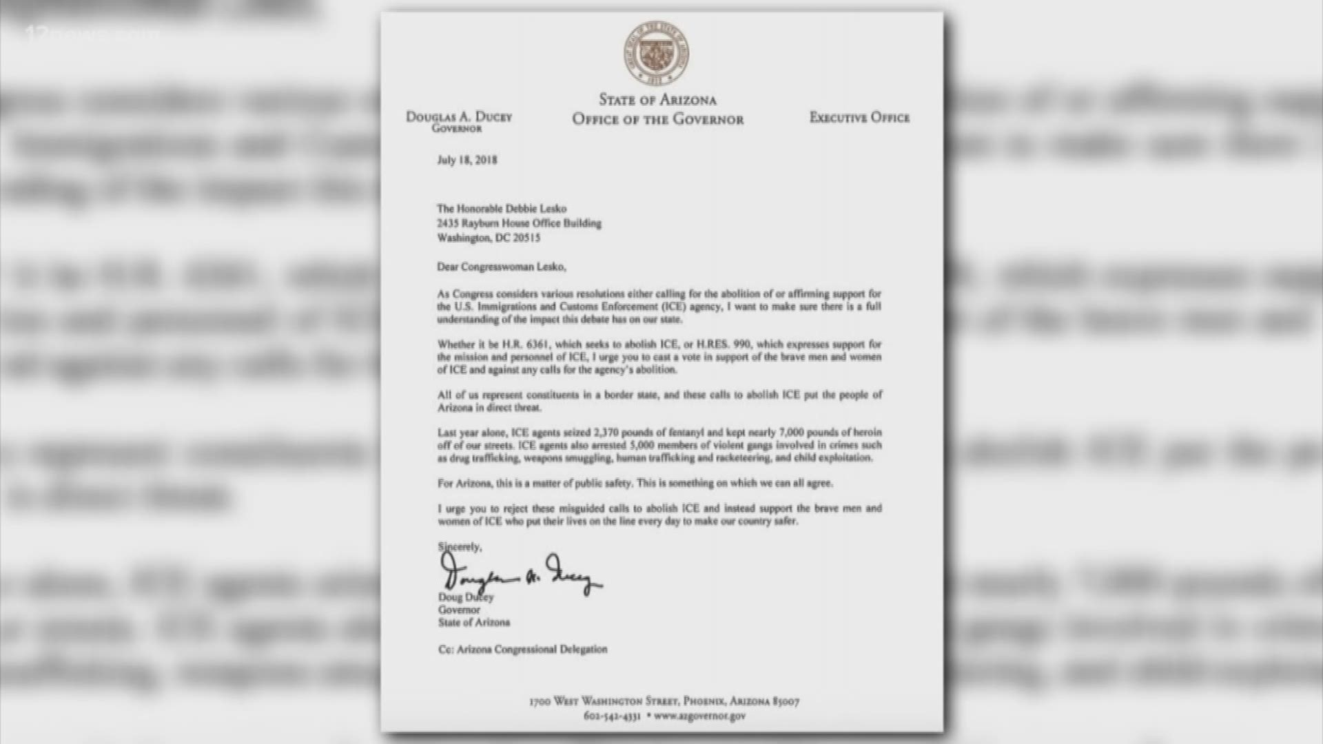The governor sent a letter Congresswoman Debbie Lesko saying abolishing ICE is a "direct threat" to Arizona.