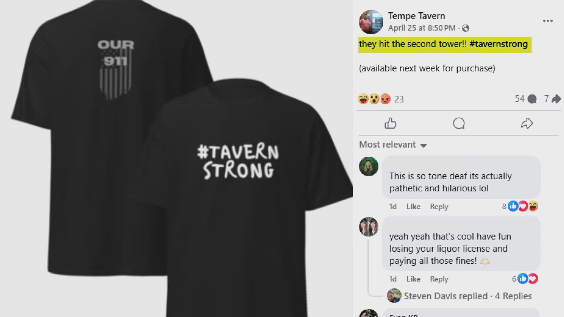 The bar posted a shirt on Facebook comparing an underage drinking bust to 9/11. 