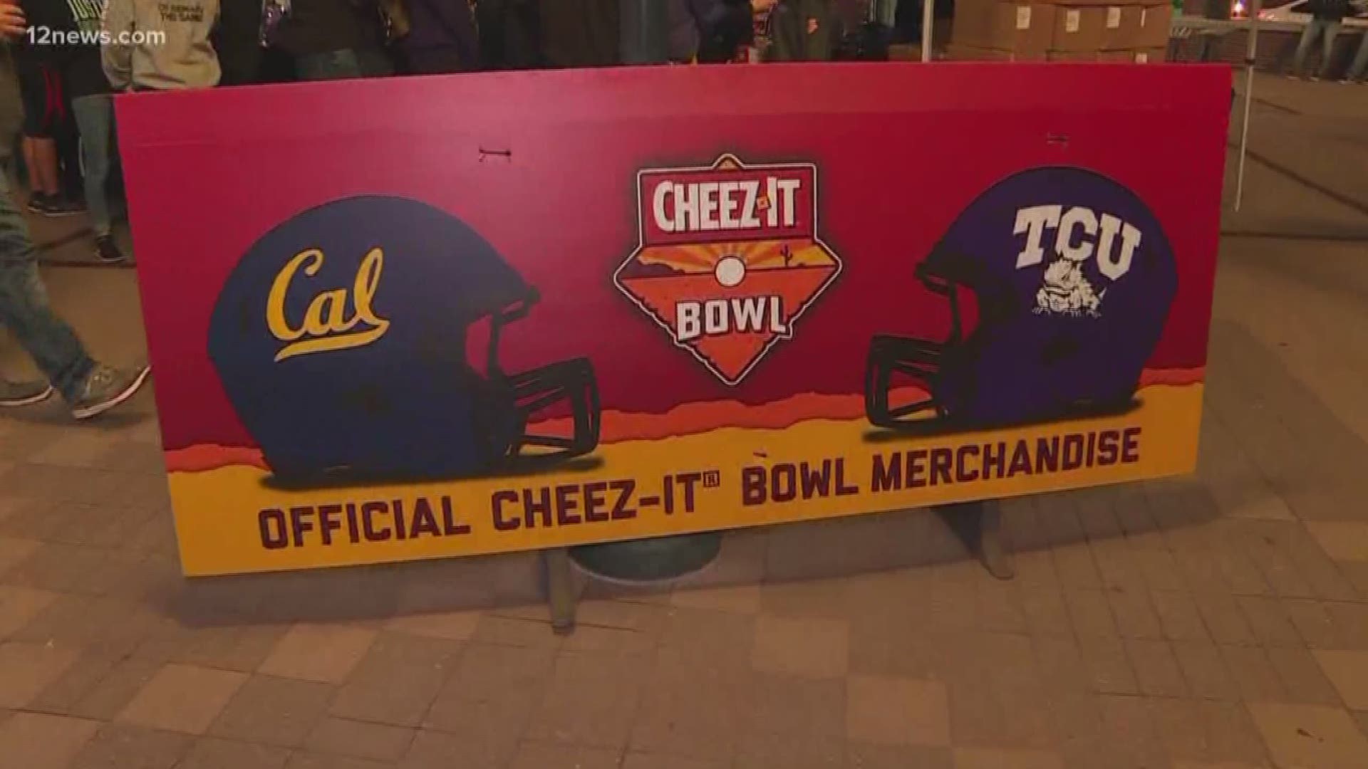 People have been gathering in Downtown Phoenix since this afternoon gearing up for the Cheez-It Bowl. Chase Field has been transformed from a baseball field to a football field to welcome Cal and TCU fans.