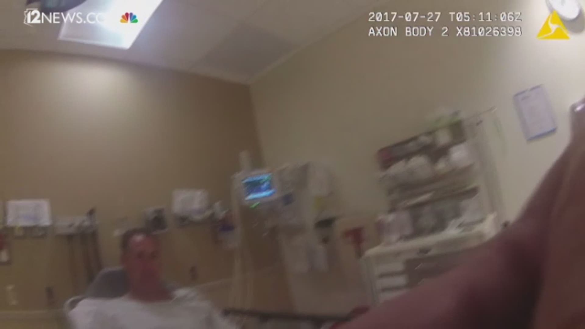 Johnny Wheatcroft is suing Glendale Police for a 2017 incident that involved officers tasing Wheatcroft 11 times, his attorneys say. During the incident Officer Mark Lindsey was struck in the head with a bag of sodas. Body cam video provided by Wheatcroft's attorney, Marc Victor, shows Officer Lindsey being interviewed about what happened while in the hospital.