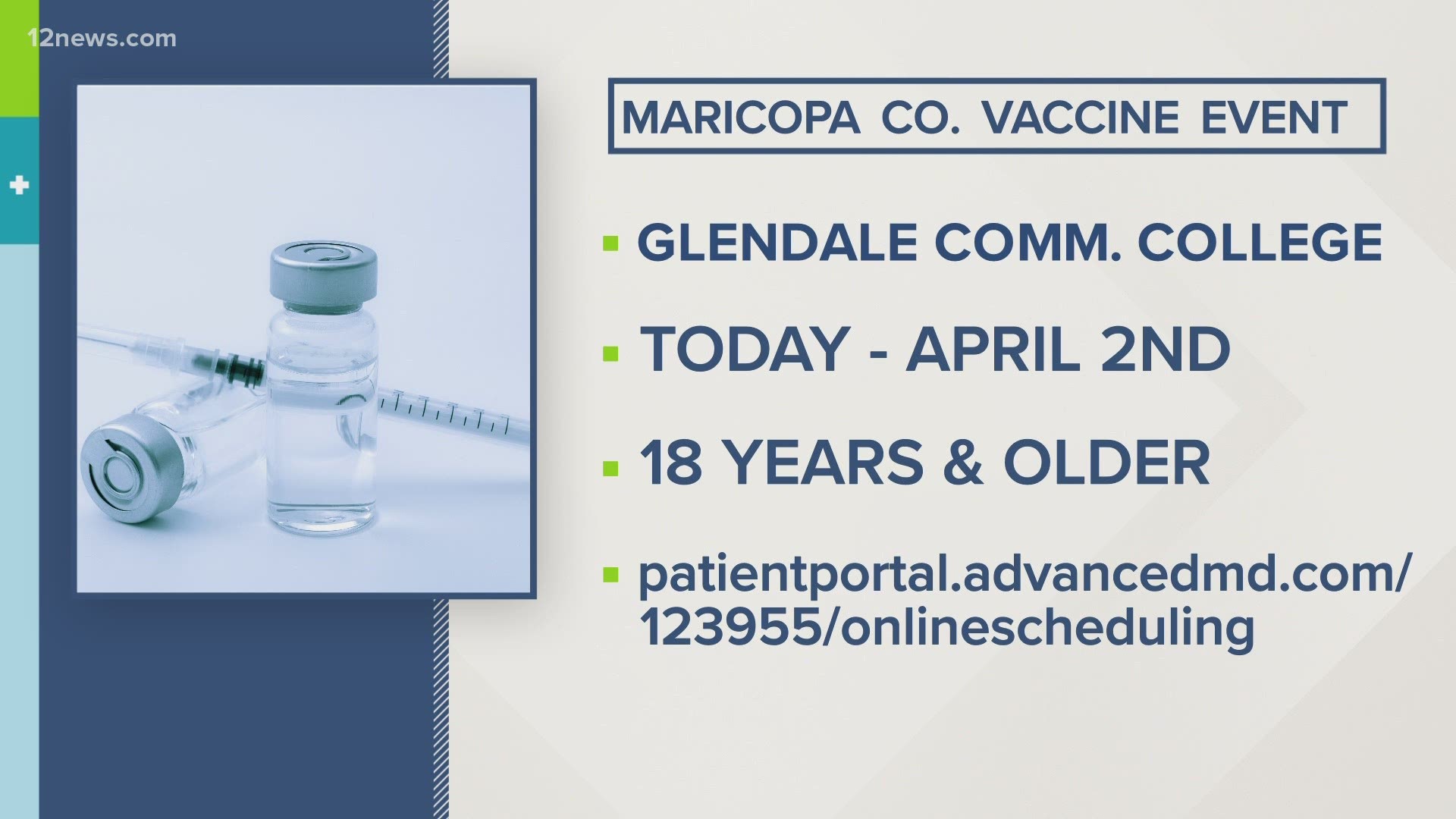 Glendale Community College will host a week-long event to give residents 18 and older a COVID-19 vaccine. Team 12's Trisha Hendricks has the latest.