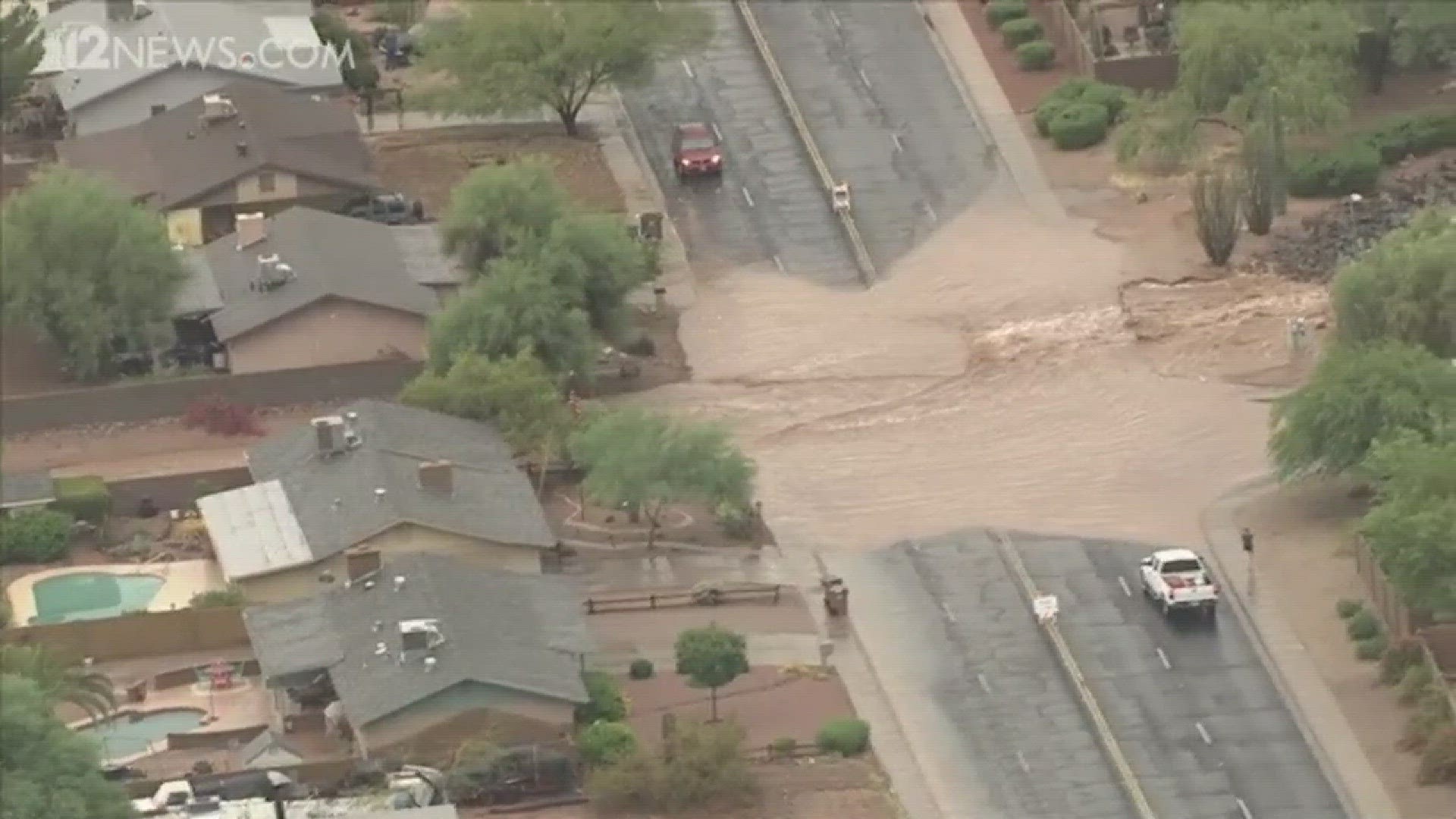 Chopper captured footage of flooding and cars stranded in the East Valley area Monday morning.