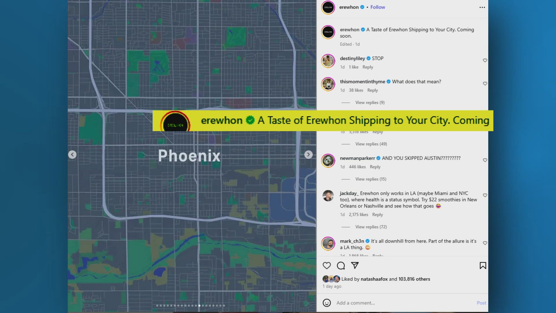 Erewhon hinted at new stores, including in the Phoenix area, on social media. The company later said that only the delivery service is expanding to the area. 