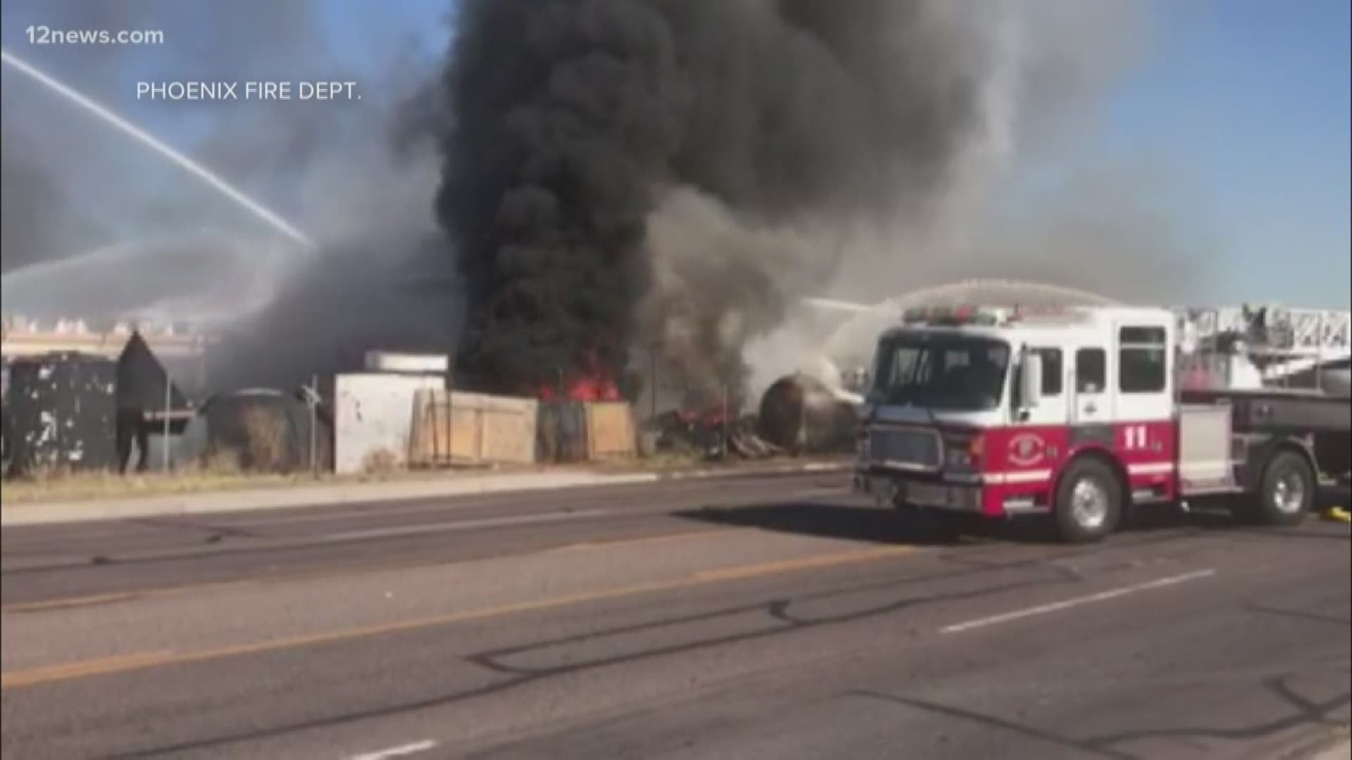 A massive fire at a scrapyard near 27th Avenue and McDowell has stopped progressing. The cause of the fire is unknown and none of the surrounding business or buildings were damaged. The area is shut down to traffic for several hours. Stay with 12 News for updates on the situation.