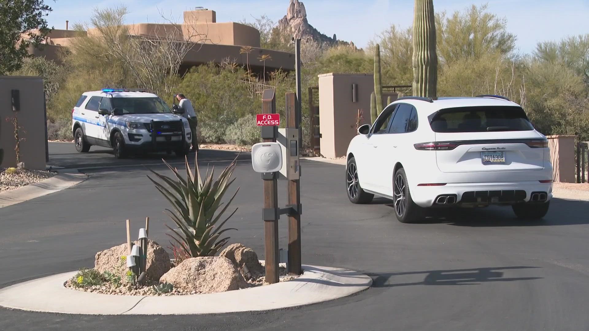 Authorities say there is a heavy police presence near Alma School and Happy Valley roads as officers search for a shooting suspect in the area.