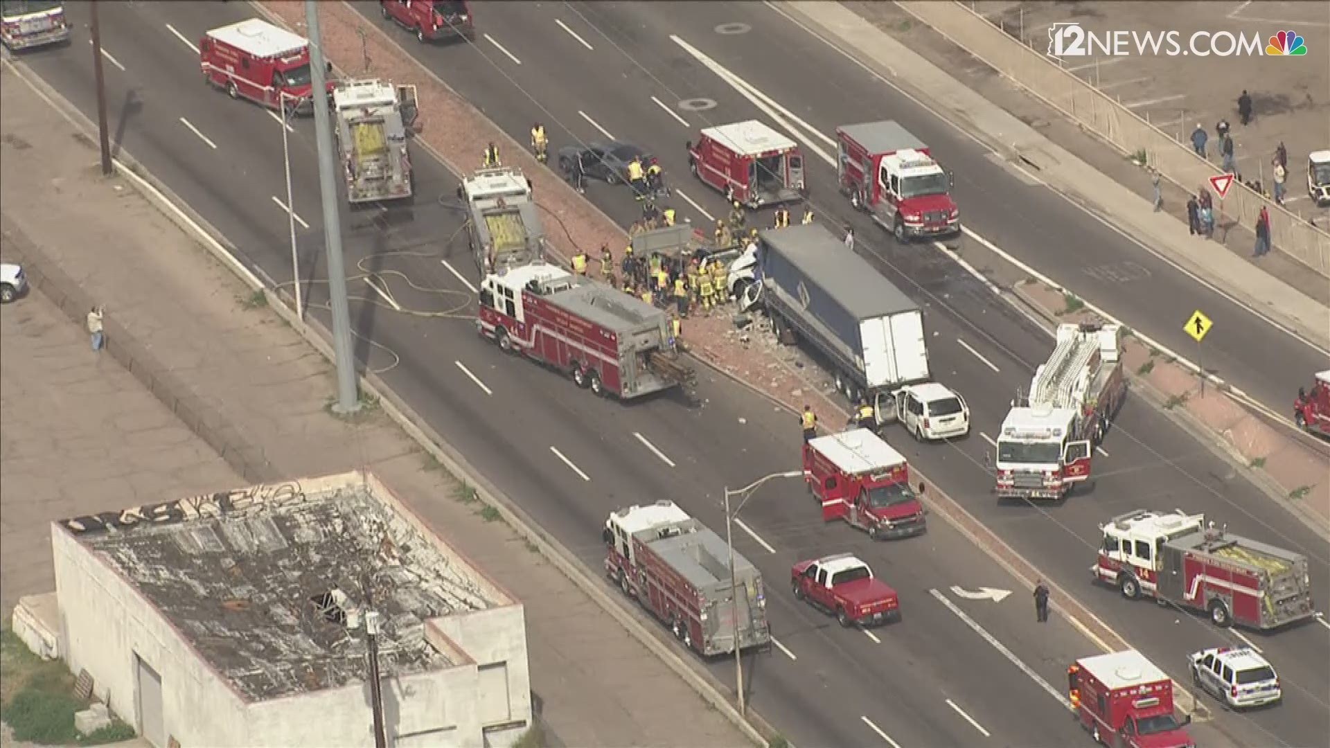 35th and Grand Avenues are closed in Phoenix right now due to a serious crash involving two semi trucks, a dump truck and several passenger vehicles. According to Phoenix Fire one person was transported to a local hospital, six others are being evaluated on scene.