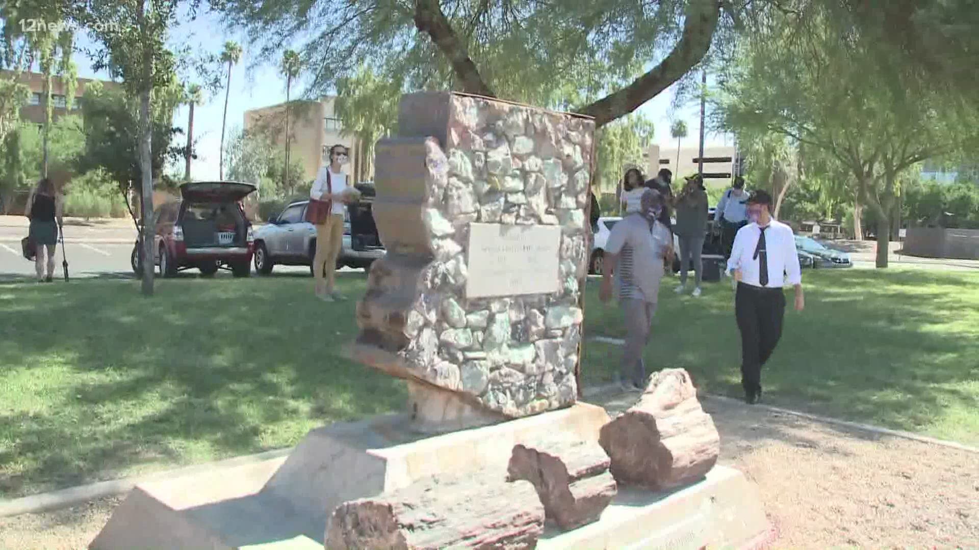 Arizona veterans gathered at a Confederate monument to demand that Gov. Ducey remove the statue. The veterans started a petition, vetsforward.com, to have it removed