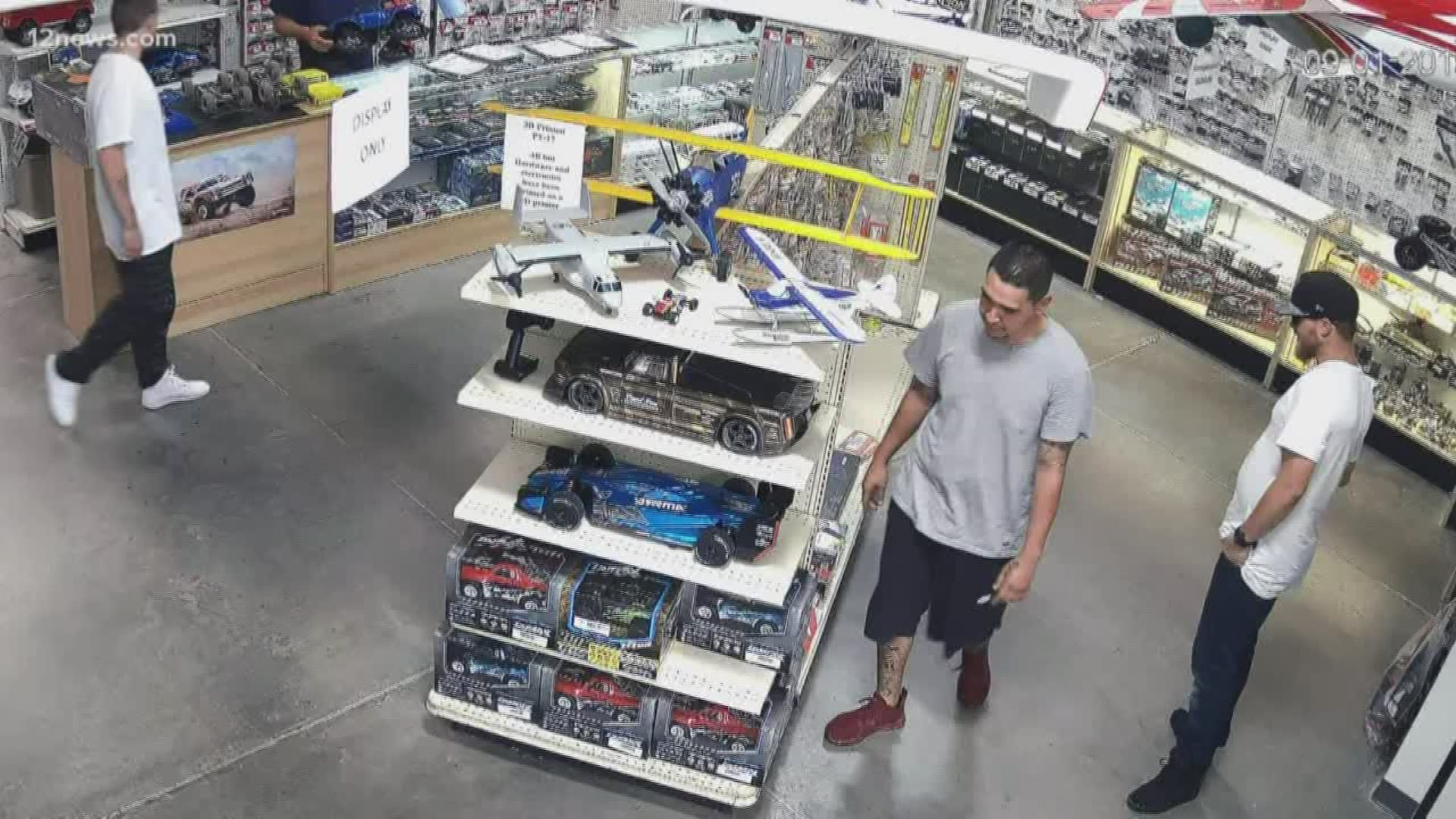 A hobby store owner in Queen Creek is banged up and looking for justice. The owner of Superstition Hobbies says three walked into his store Sunday and stole three remote controlled toy trucks worth more than $2,000.