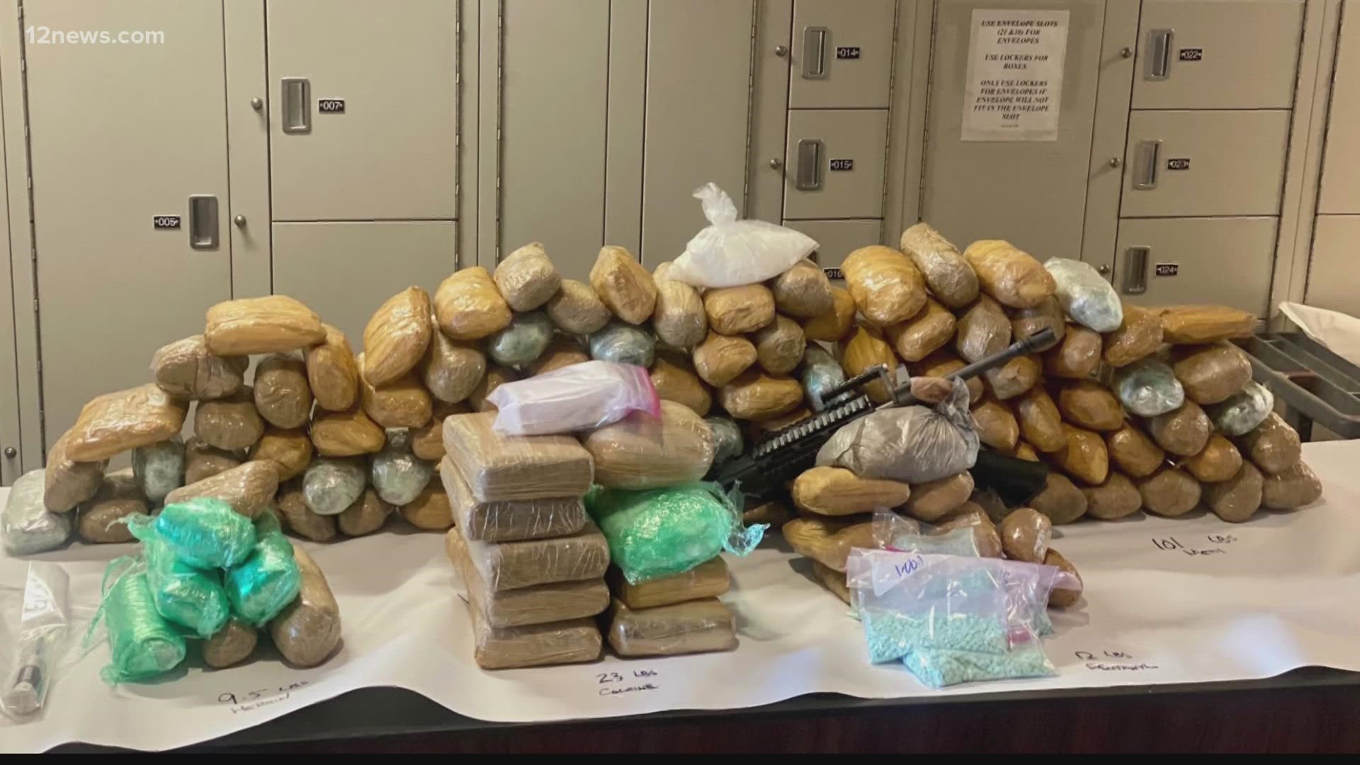 Authorities have arrested two Phoenix residents who were allegedly found in possession of more than 100 pounds of meth, cocaine, and fentanyl.
