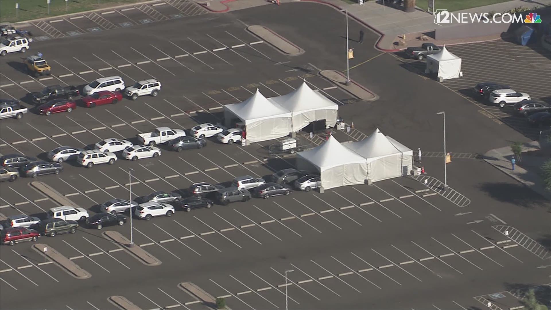 The line of cars at South Mountain Community College wrapped around nearby streets as people waited to get a coronavirus test. Sky 12 was over the scene in Phoenix.