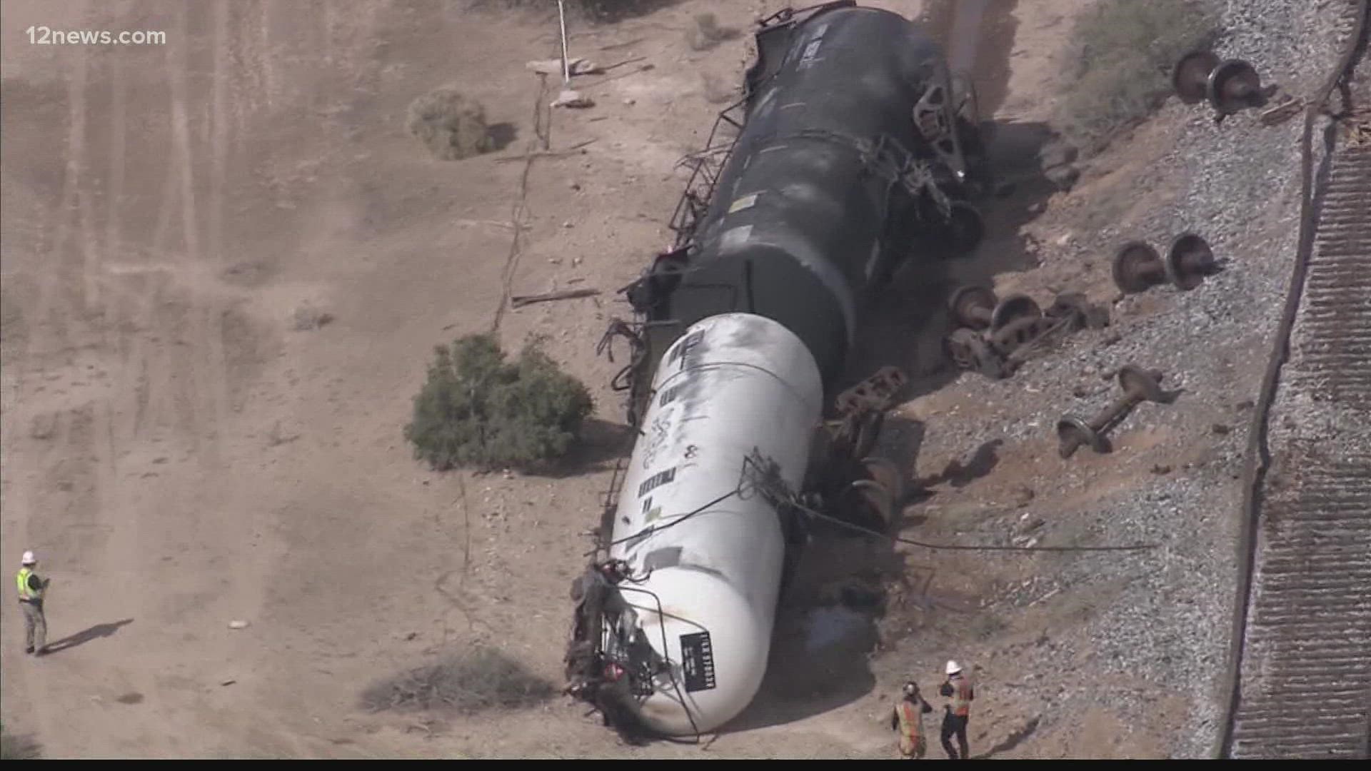 A train derailed in the area of Storey Road, east of Highway 87, in Coolidge on Monday. Union Pacific said one of the train cars was carrying cyclohexanone.