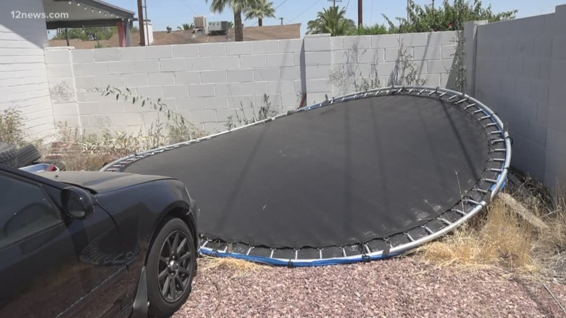 Two boys were playing on a trampoline on Memorial Day when a sudden gust of wind lifted them and the trampoline over a 10-foot wall and into the street. One of the boys had a few bruises while the other ended up fracturing his pelvis and elbow.