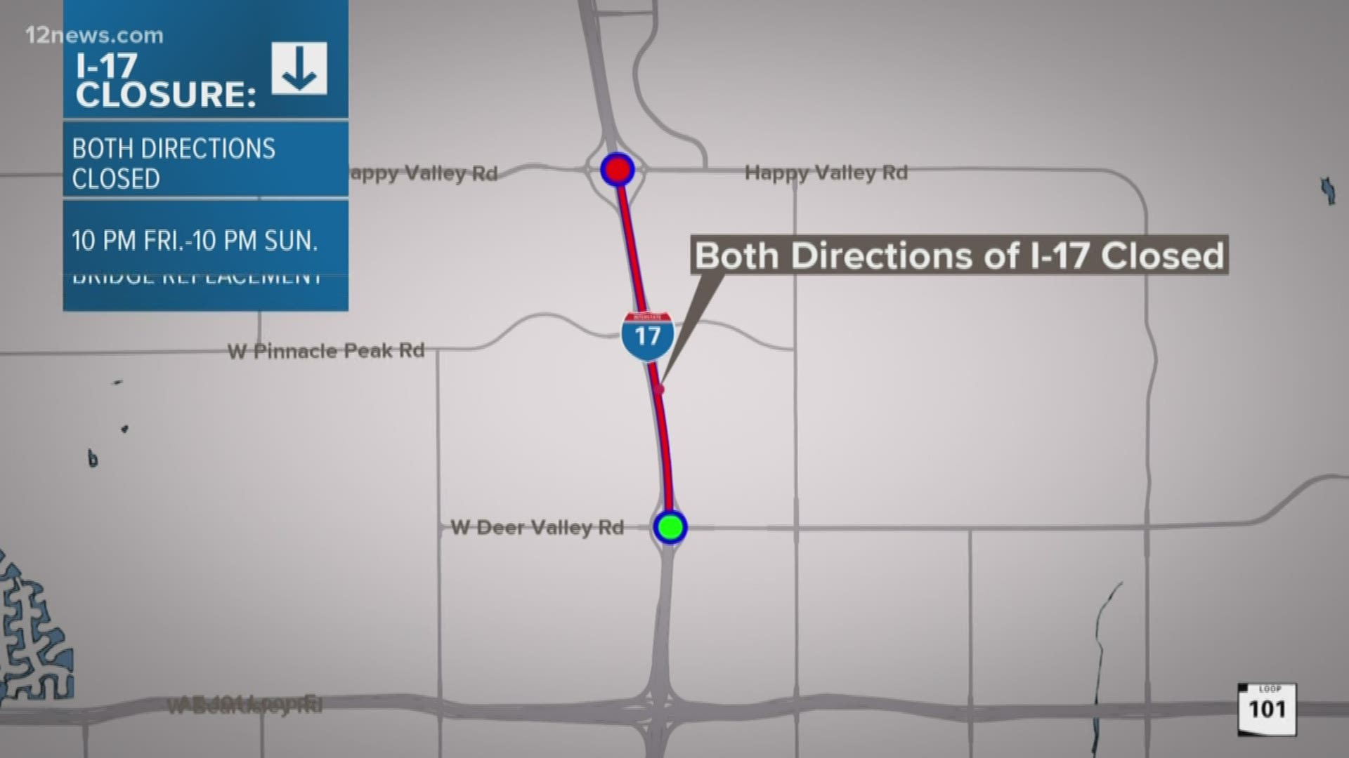 I-17 will be closed for two miles in both directions Friday night through Sunday night. Take 19th Avenue to Jomax to the north or Rose Garden to the south.