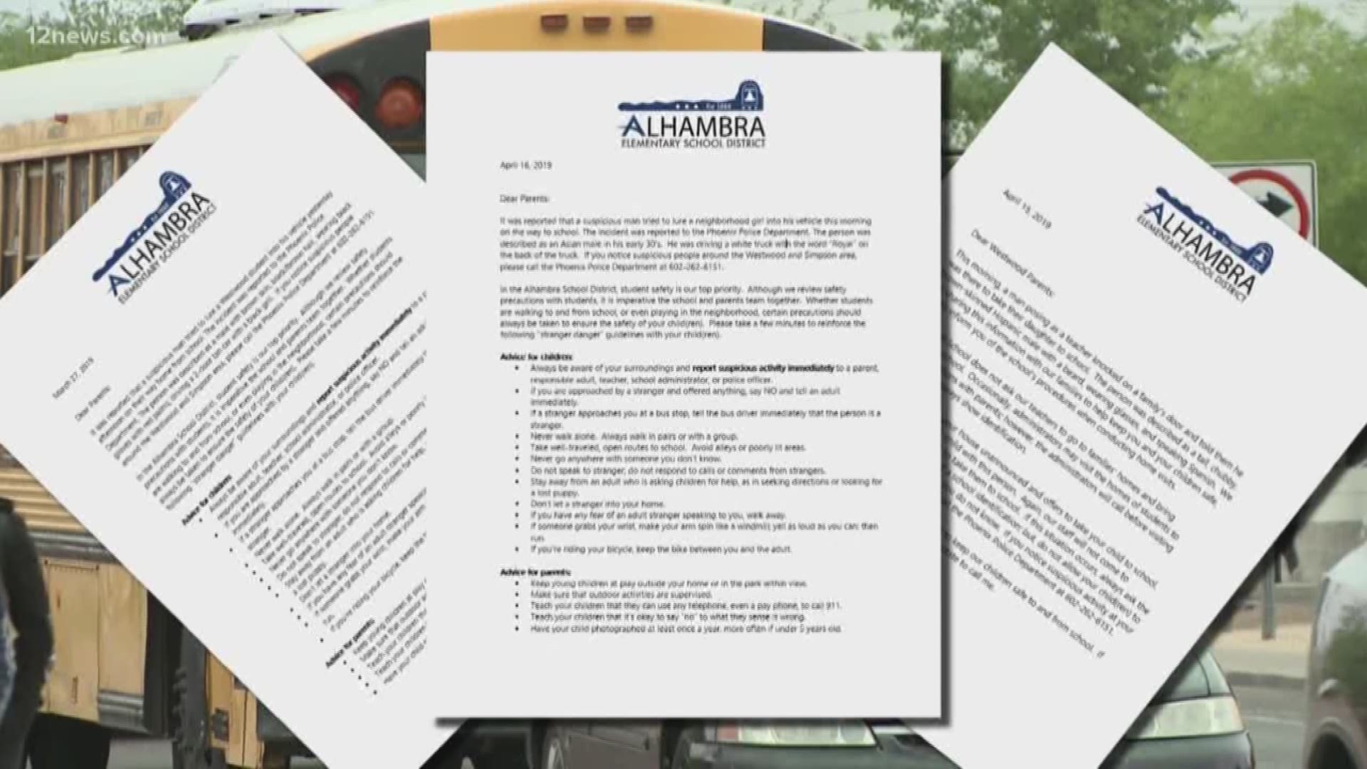 The Alhambra School District says there have been three recent incidents of a man trying to lure students of Westwood Elementary.