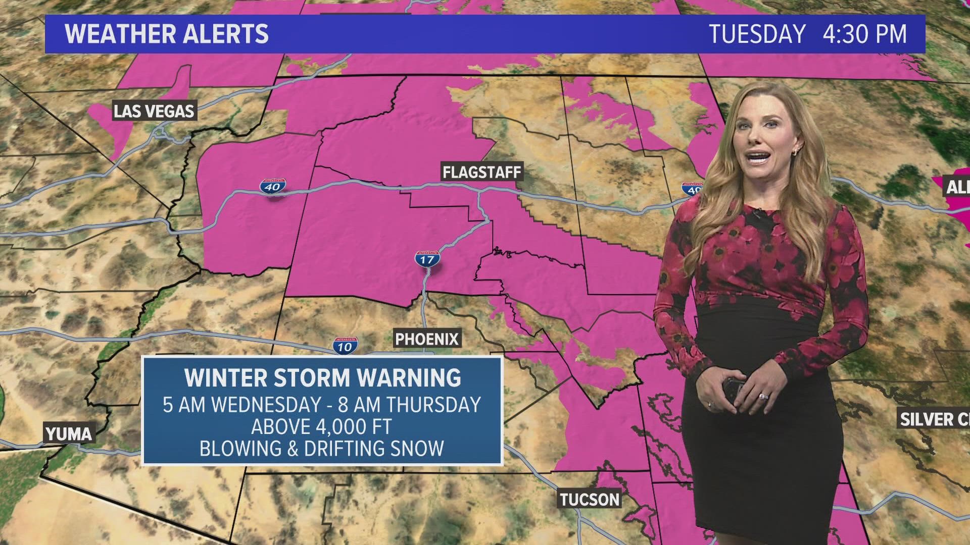 Incoming strong winds, blowing dust, desert rainfall and heavy mountain snowfall midweek.