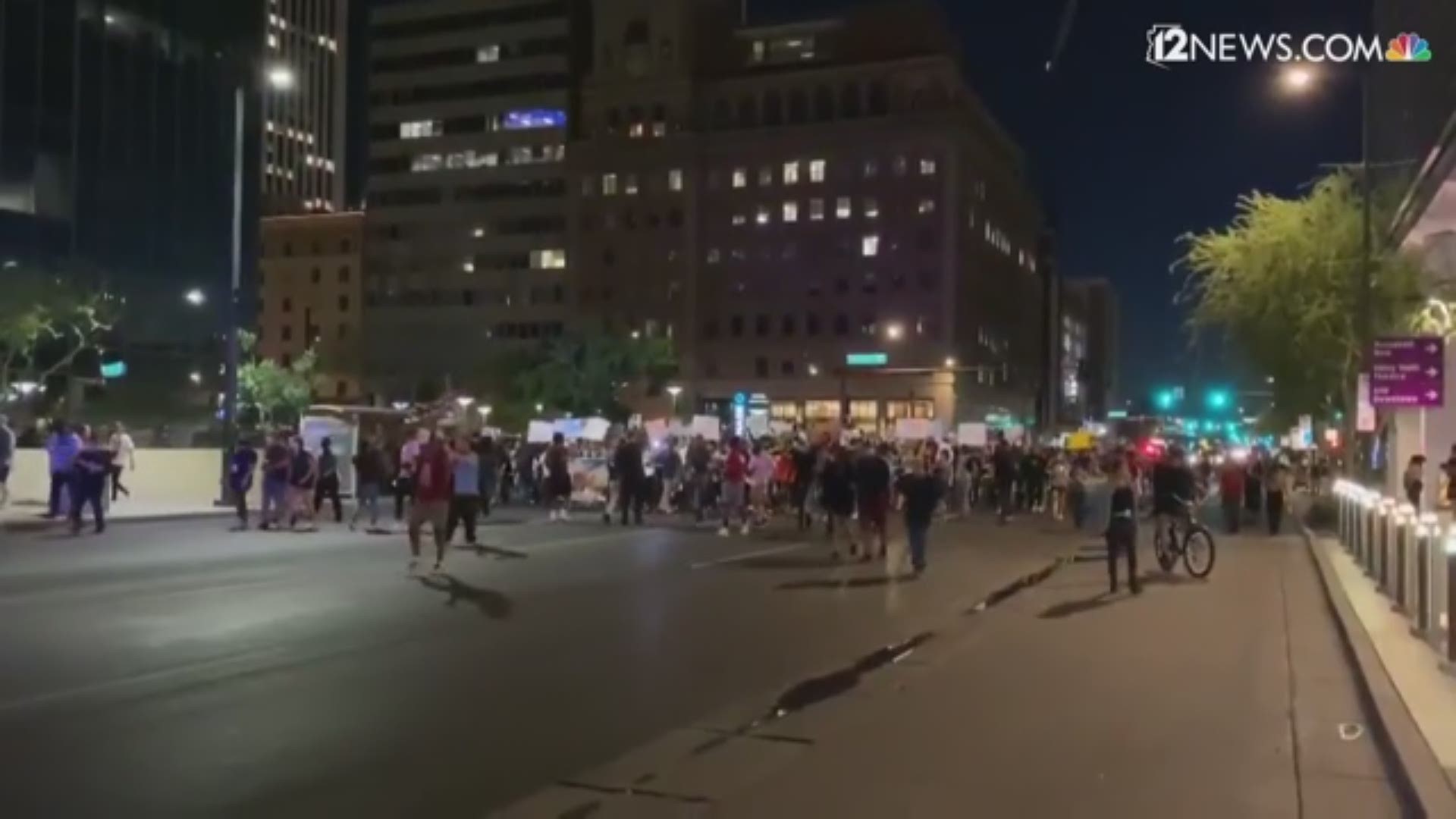 12 News' Josh Sanders captured video of the peaceful march in downtown Phoenix. People chanted “No justice, no peace.”