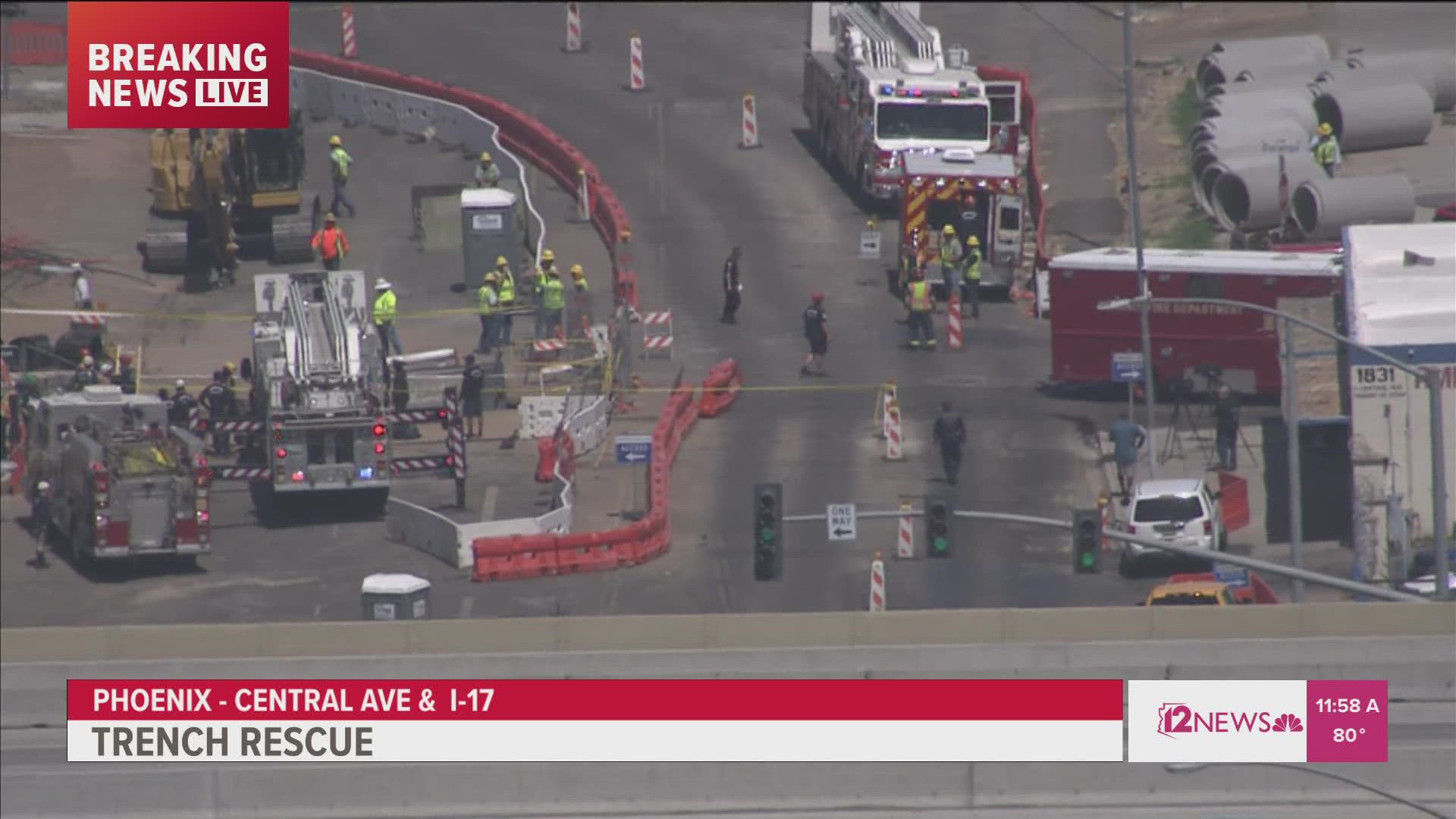 A worker is recovering after falling into a trench at a site near Central Avenue and Buckeye Road in Phoenix.