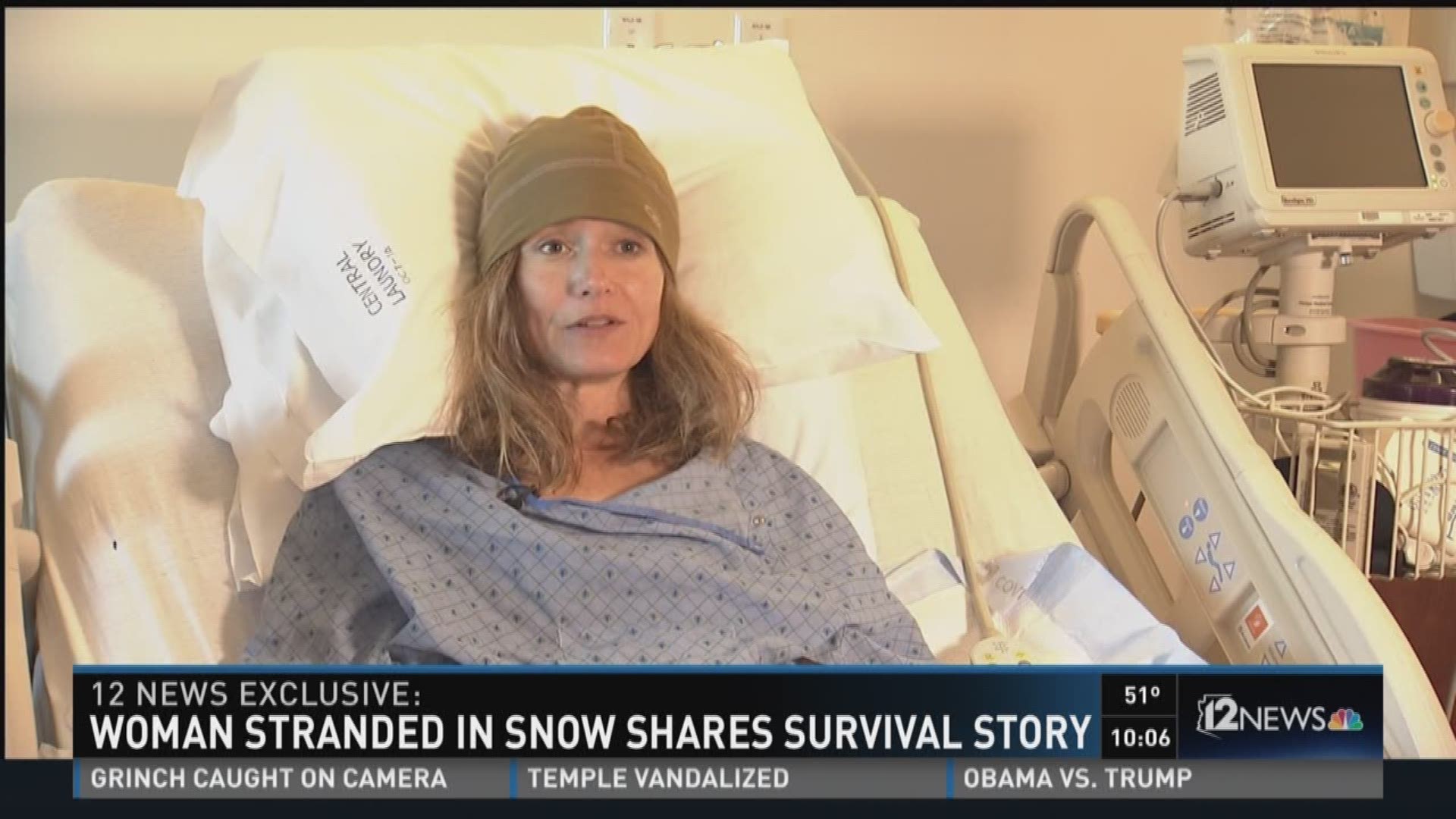 Woman stranded in snow shares survival story.