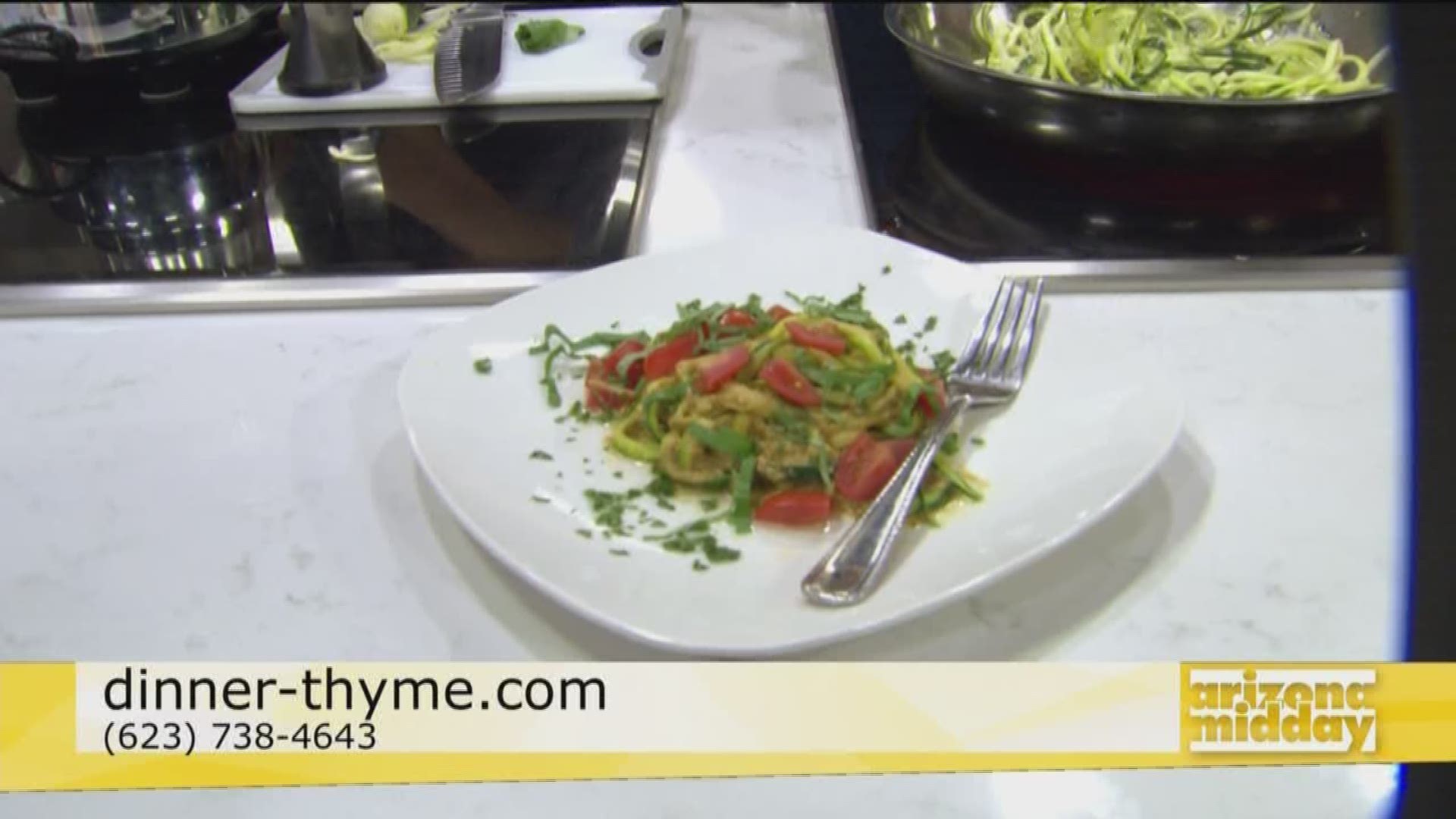 Chef Lisa Brisch of Dinner Thyme Personal Chef Service teaches us how make tomato herb pesto and zucchini noodles!