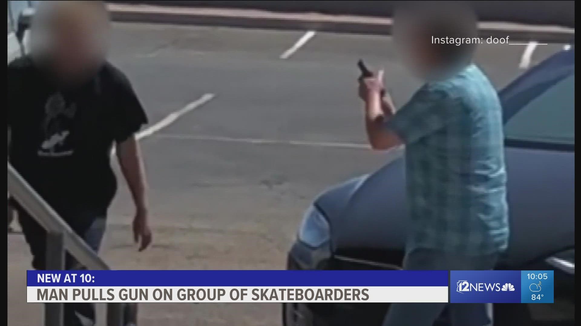 Video shows a group of skateboarders at Compassion Church in Gilbert. A man parks in front of them, pulls a handgun and asks them to leave.