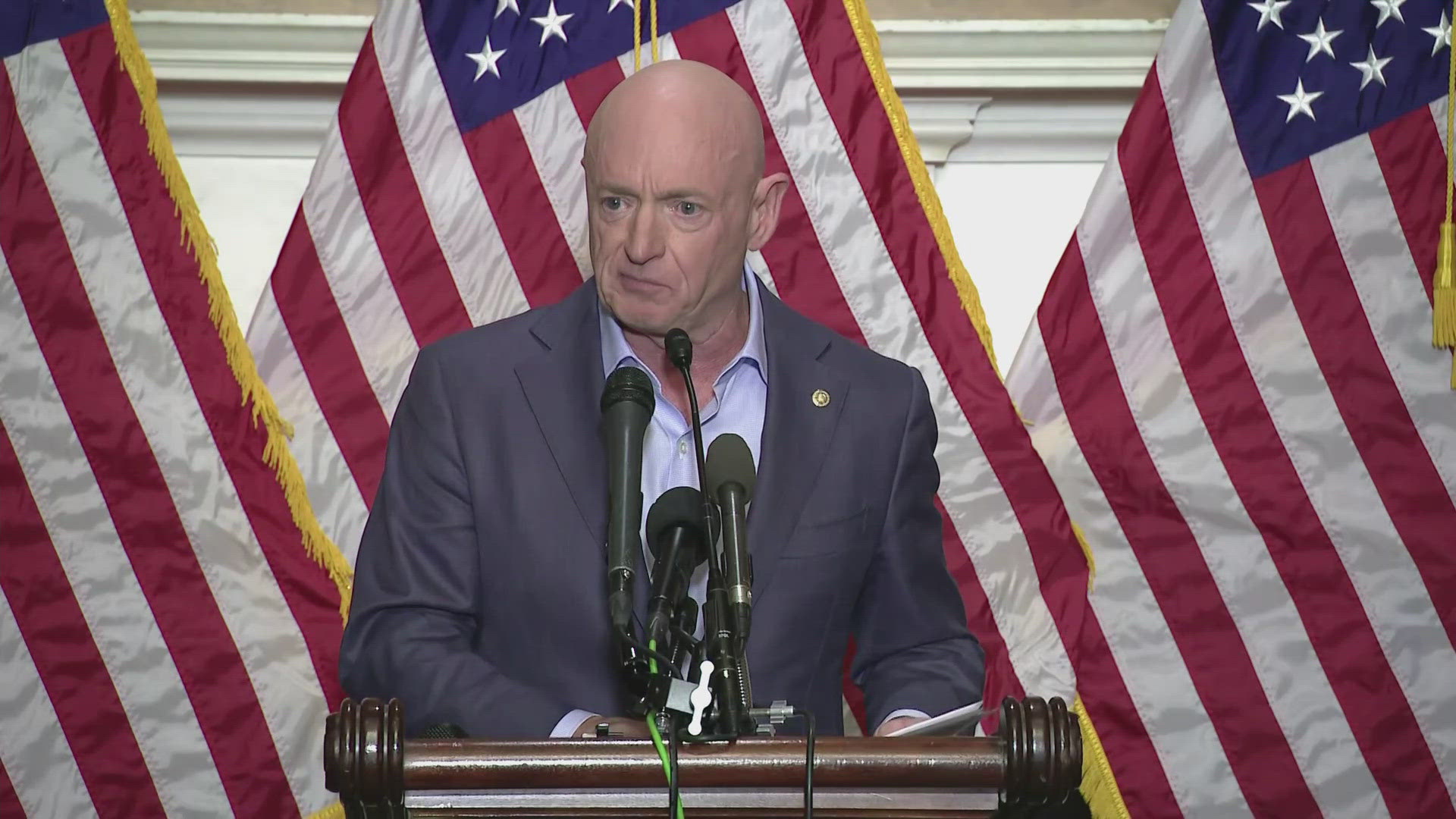 U.S. Sen. Mark Kelly talks to reporters about the Pentagon investigating him for a video that urged American troops to defy “illegal orders.”