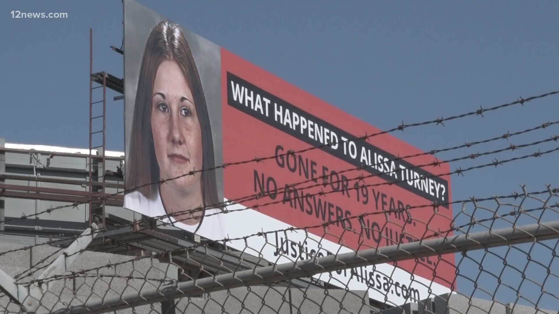The billboard, north of I-17, east of 19th Avenue, says "What happened to Alissa Turney? Gone for 19 years. No answers. No justice. JusticeForAlissa.com."