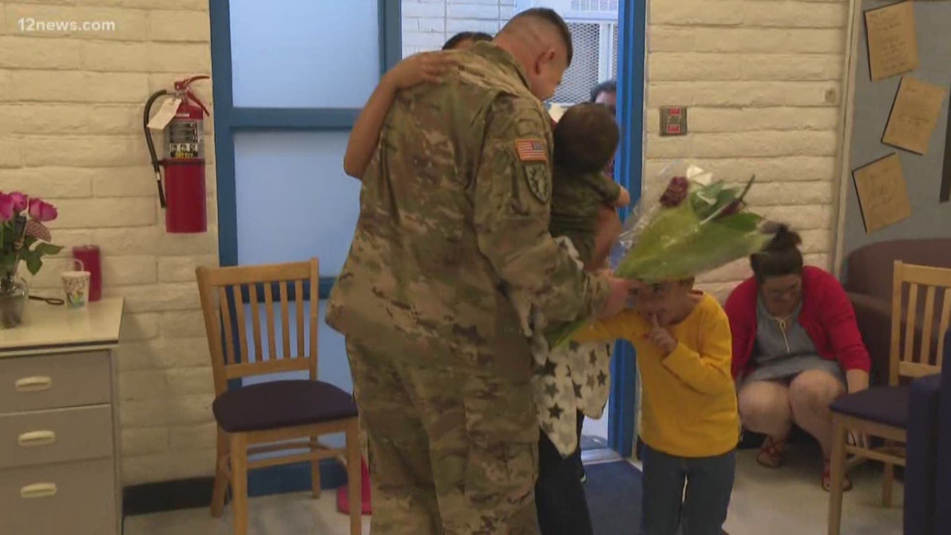 It was a heartwarming moment at Sacaton Elementary School when a military dad, Army Specialist Freddie Chism, ended his deployment by surprising his son. Chism ended a year in Qatar reunited with his wife, Darice, and two sons, 1-year-old Liam and 6-year-old Jonny, a student at the school.
